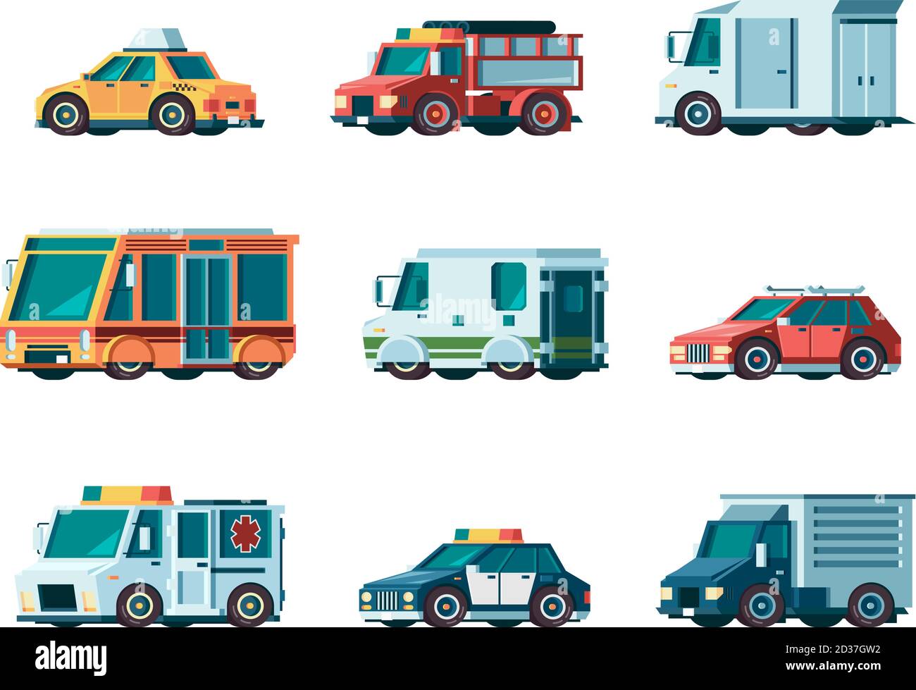 Auto piatte. Traffico cittadino veicolo comunale fuoco ambulanza polizia ufficio postale taxi camion autobus e collezionista auto vettore immagini ortogonali Illustrazione Vettoriale