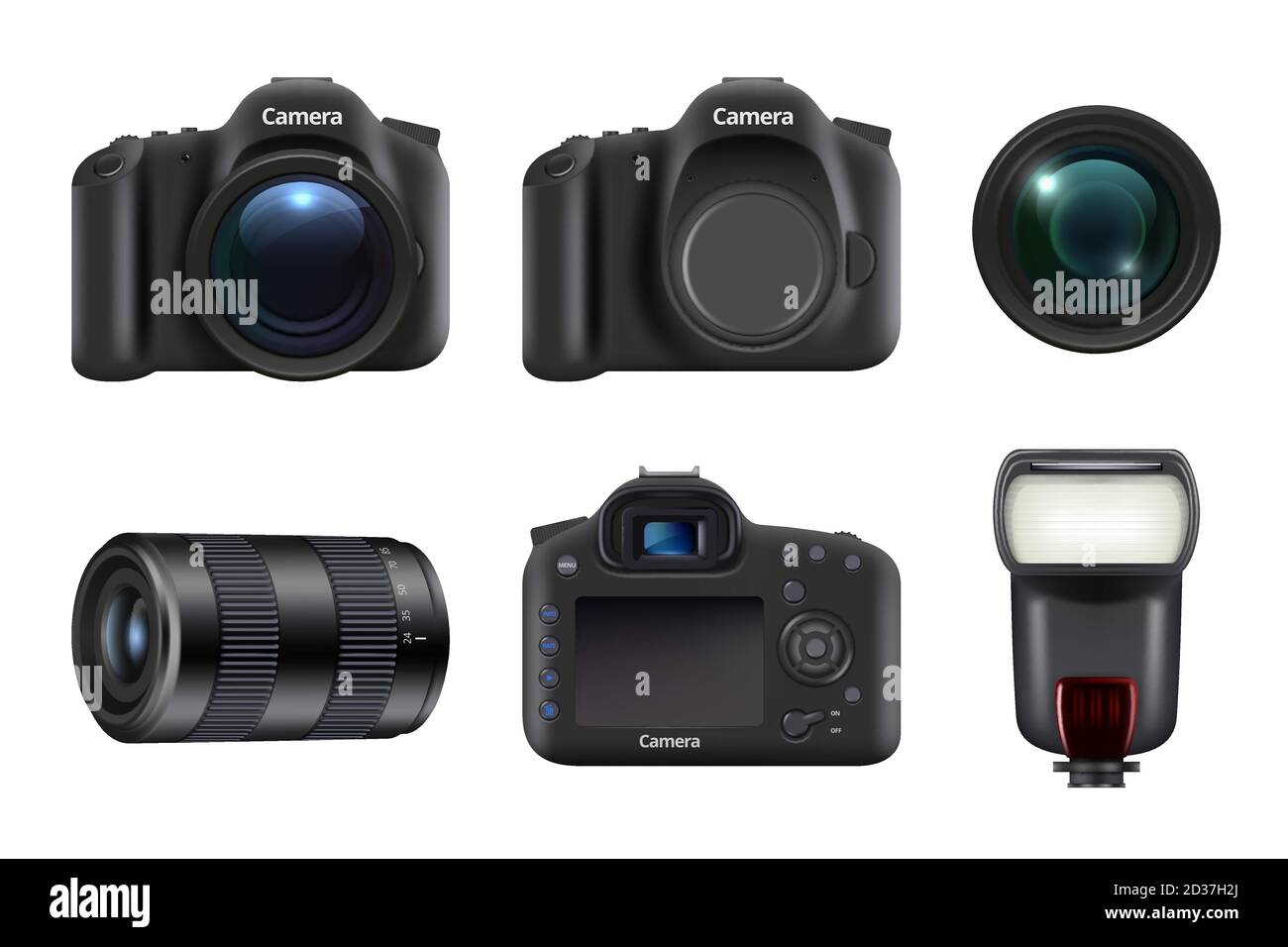 Fotocamera digitale. Studio fotografico attrezzatura professionale dslr fotocamera obiettivo e flash vettore realistico Illustrazione Vettoriale