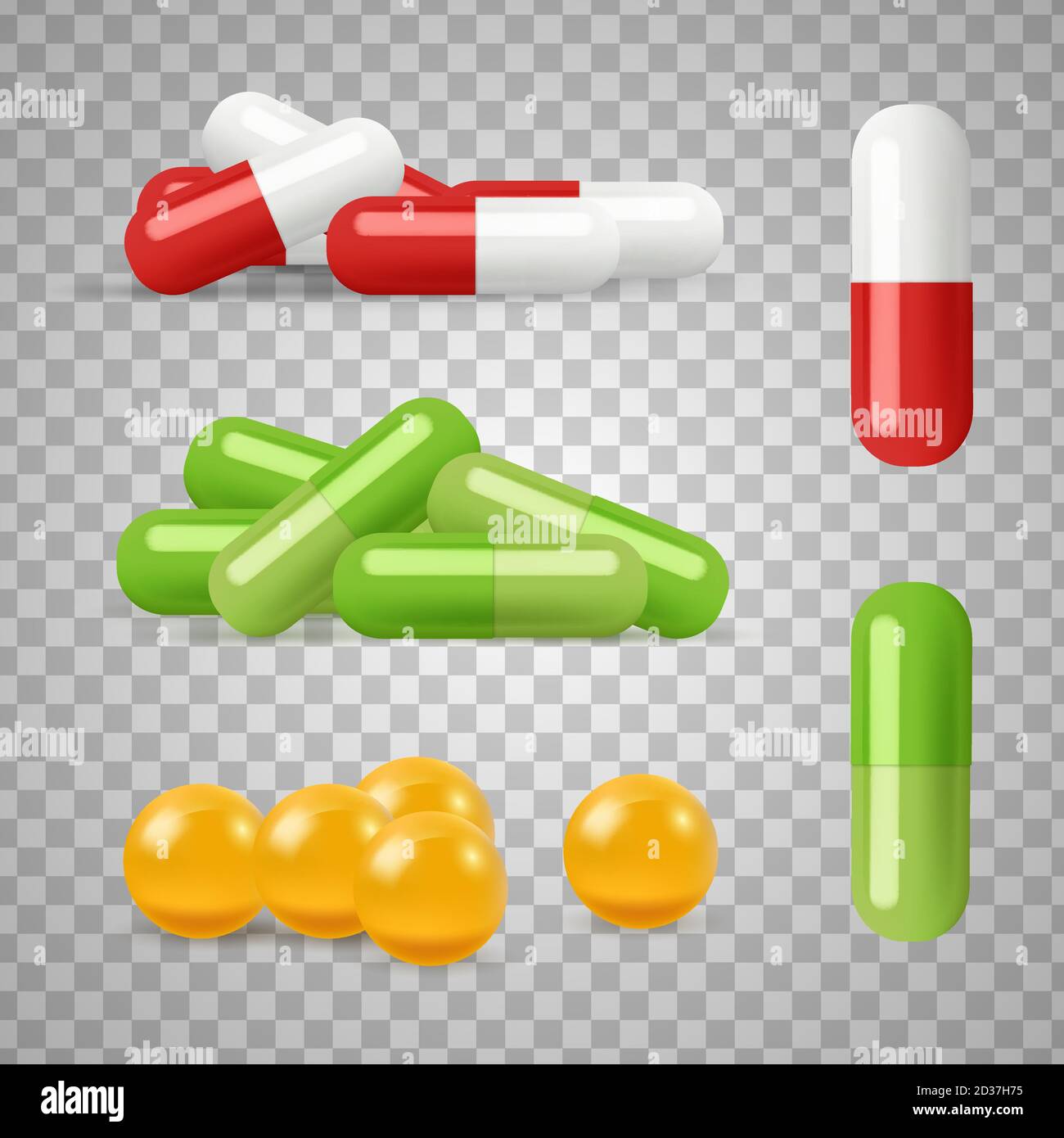 Vettore di pillole realistiche. Farmaci, farmaci isolati su sfondo trasparente Illustrazione Vettoriale
