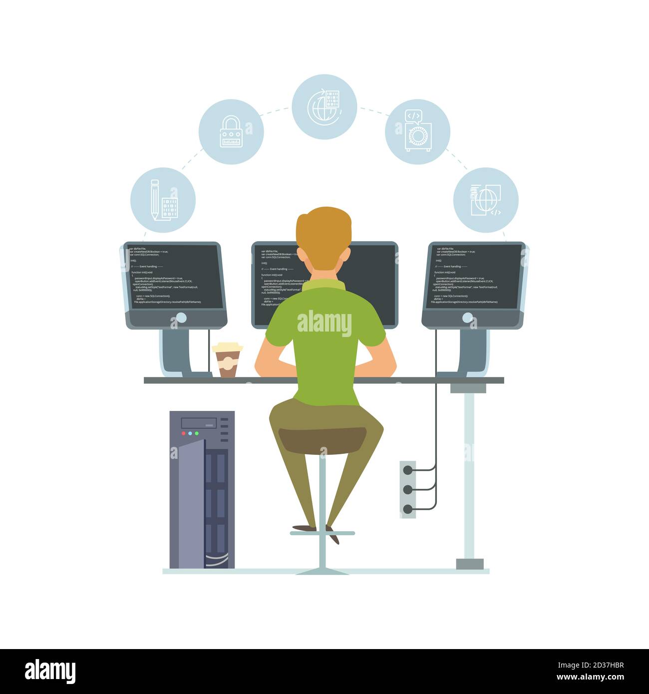 Programmatore, illustrazione vettoriale di lavoratore di tecnologia dell'informazione. Icone di programmazione e sviluppatore di software isolati su sfondo bianco Illustrazione Vettoriale