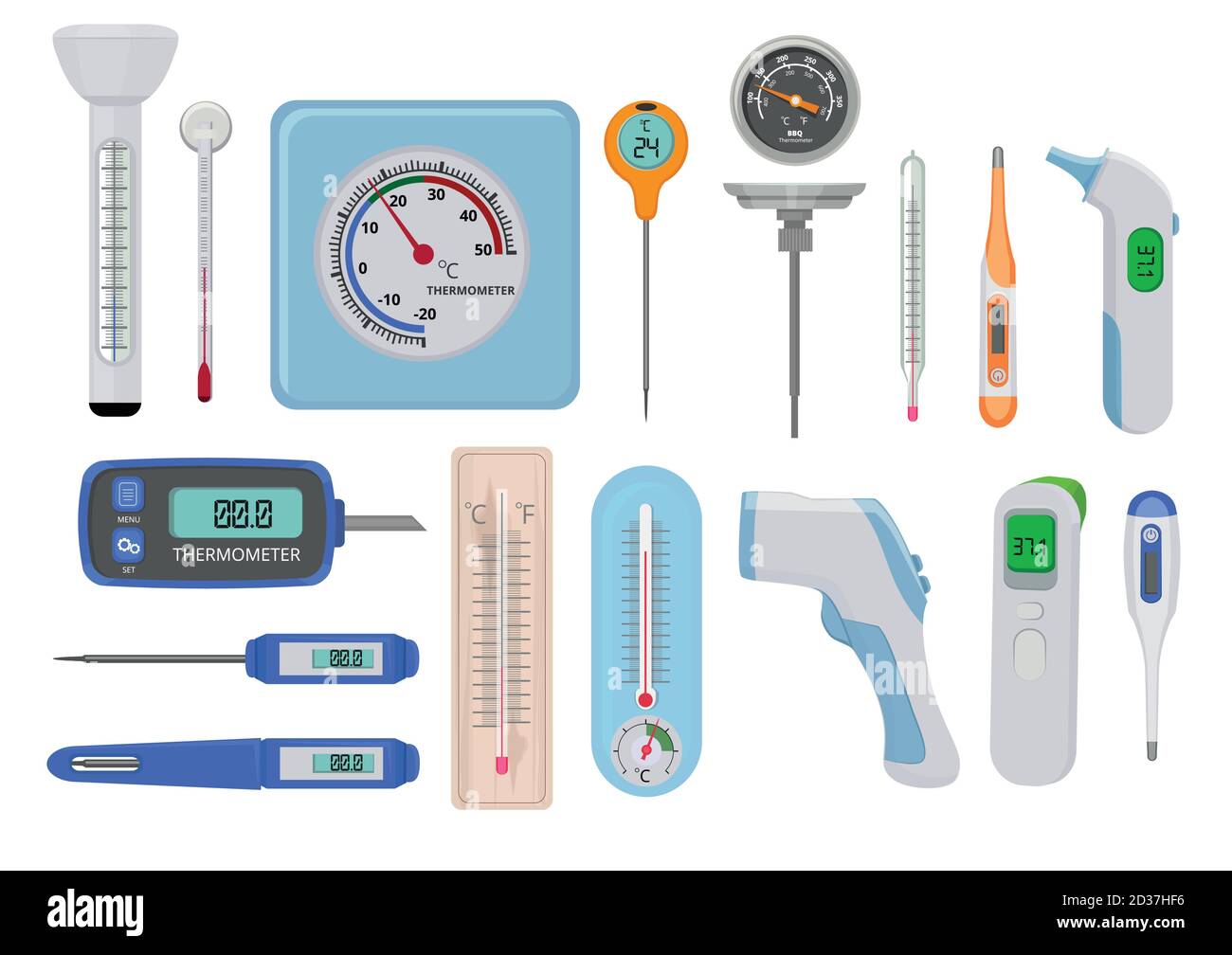Termometri. Misurazione della temperatura medica dell'ospedale alta e bassa vari indicatori contatori di misurazione vettoriale Illustrazione Vettoriale