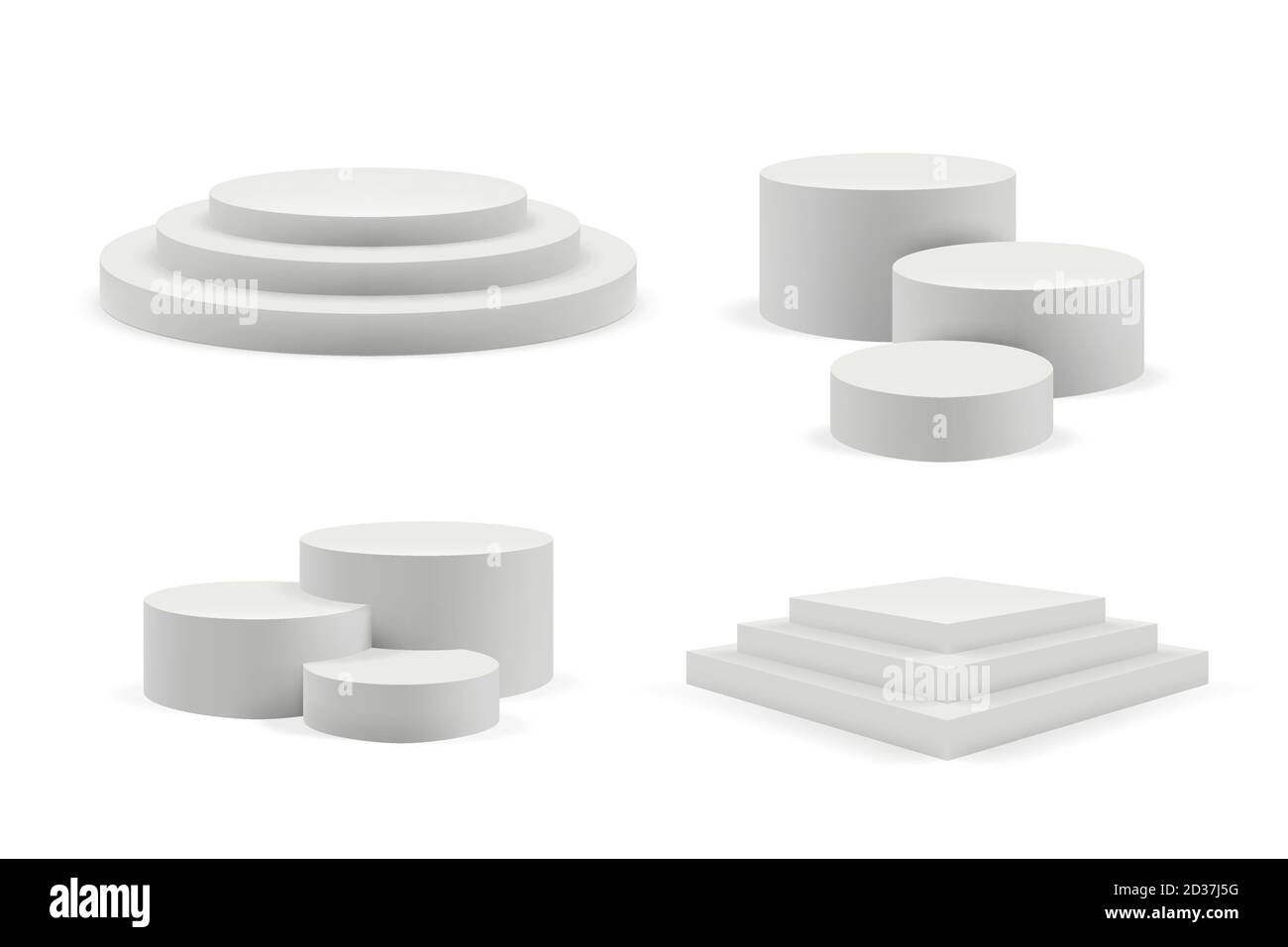 Podio realistico. Tavole rotonde e quadrate vuote e scala del podio modello vettoriale 3d Illustrazione Vettoriale