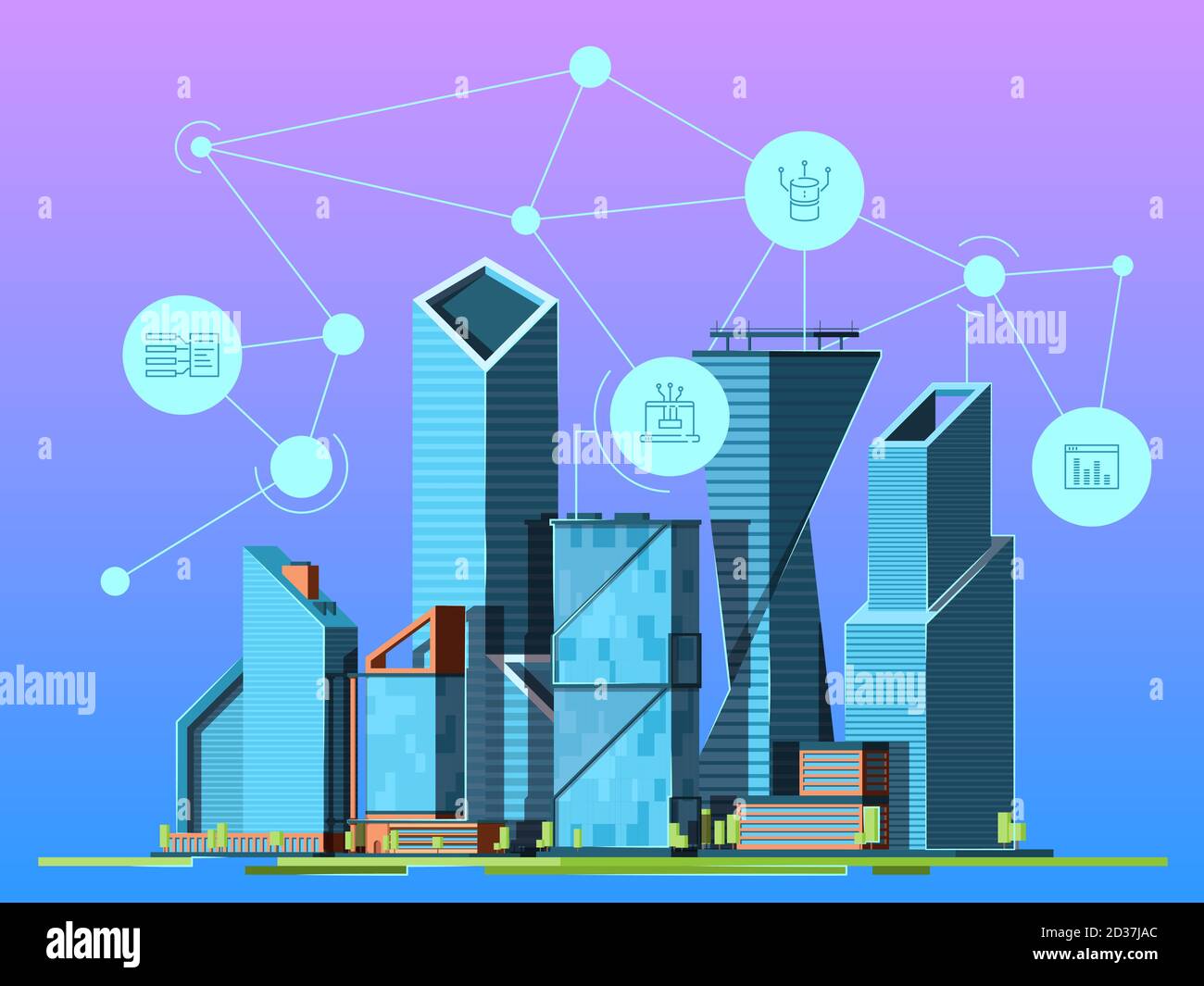 Città intelligente. Grattacieli nel paesaggio urbano ambiente ad alta tecnologia wireless paesaggio urbano immagine di sfondo vettoriale Illustrazione Vettoriale