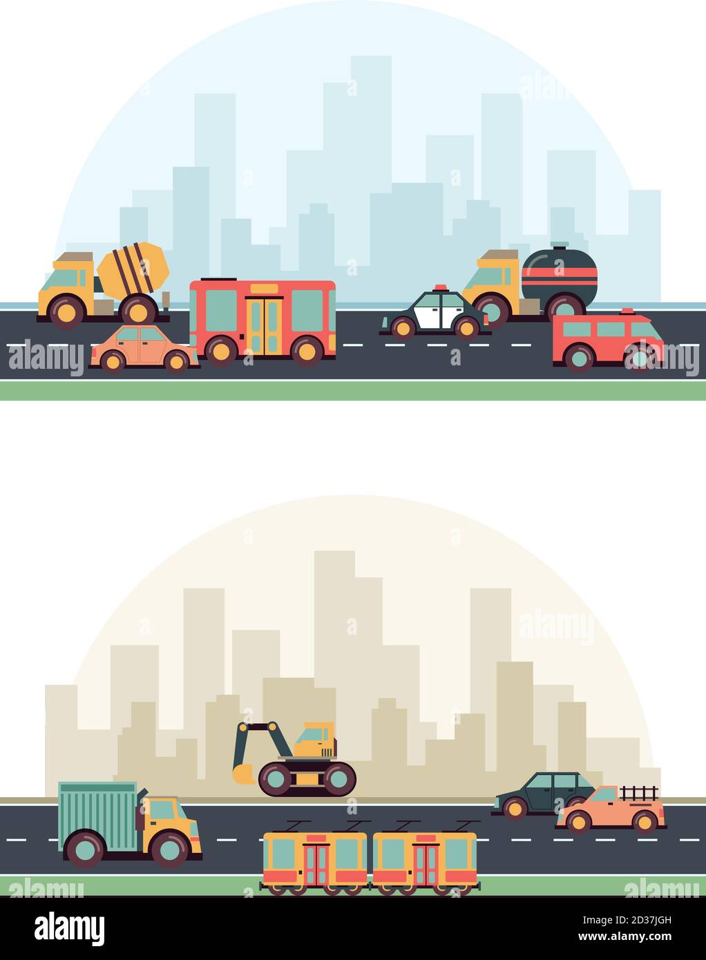 Veicoli urbani. Edifici e diverse macchine a carburante su strada vettore colorato piano paesaggio urbano Illustrazione Vettoriale