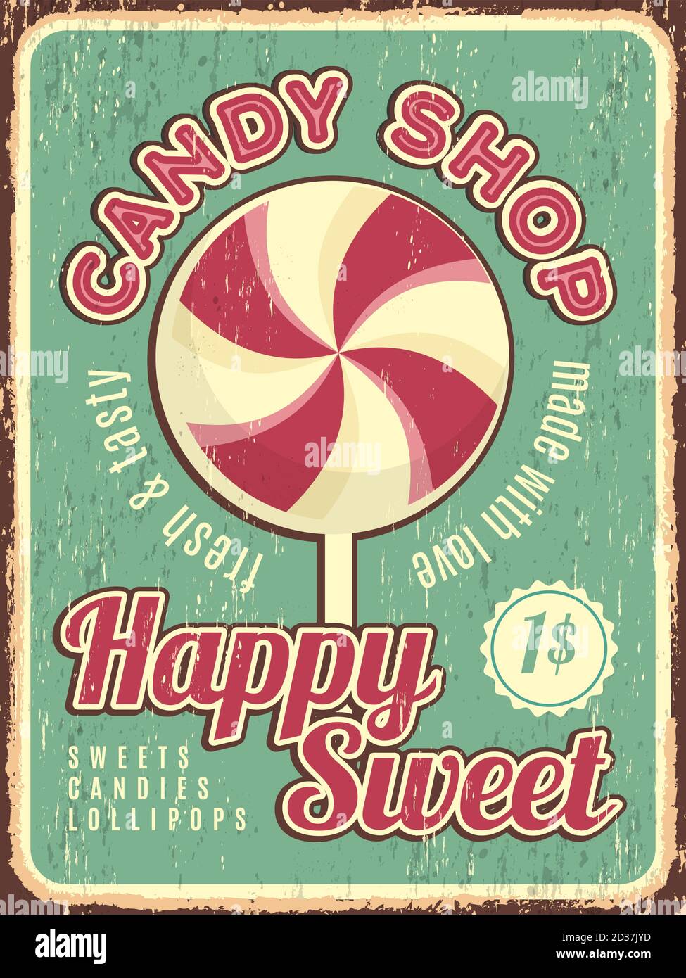 Poster negozio di caramelle. Segnaposto retrò confectionary con vettore di dulce dolci con posto per il testo Illustrazione Vettoriale