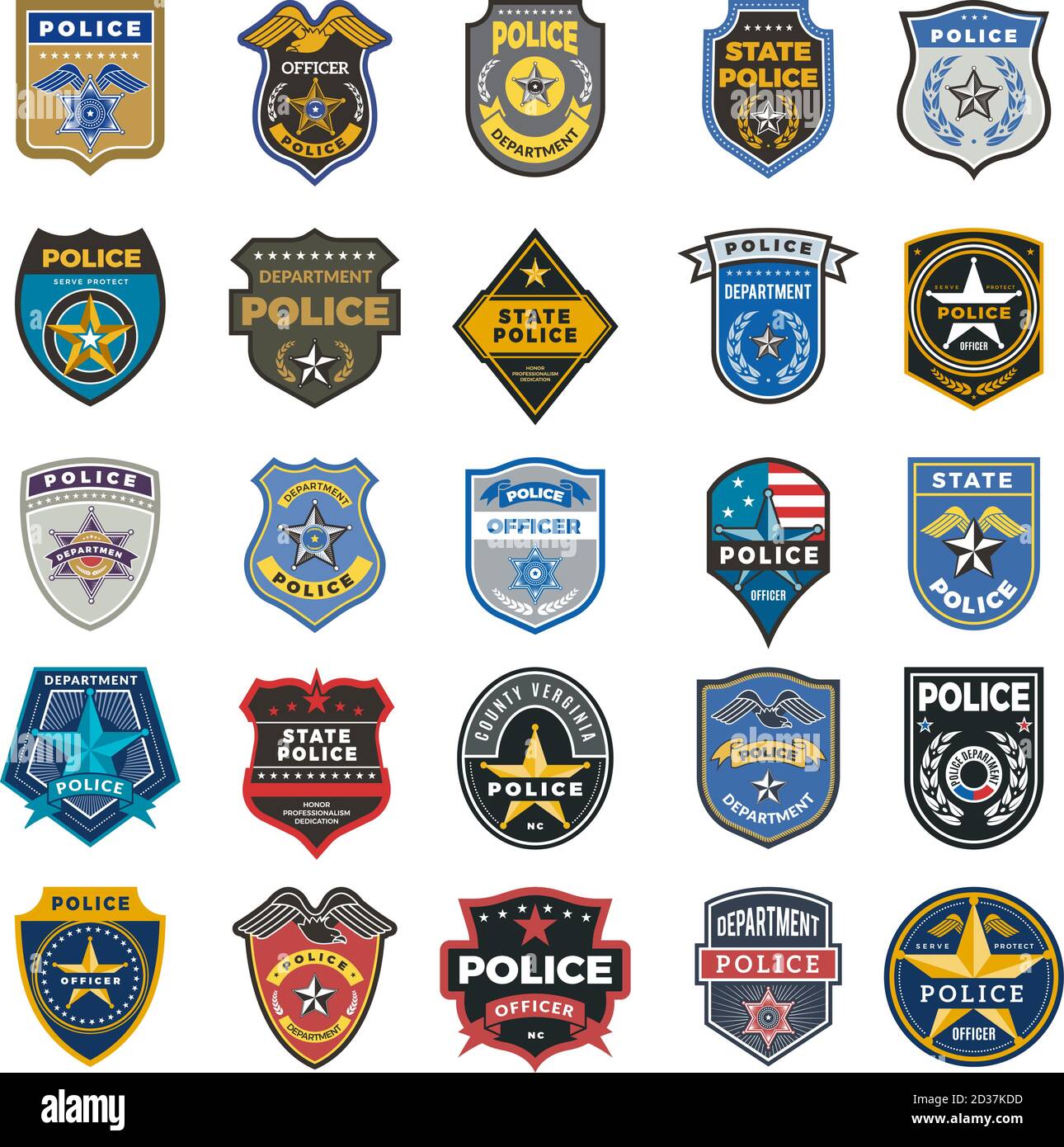 Distintivi della polizia. Ufficiale sicurezza federale agenti segni e simboli polizia protezione vettore logo Illustrazione Vettoriale