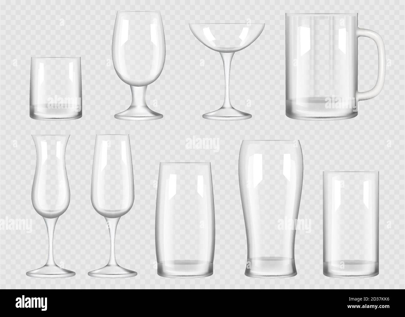 Bicchiere per bevande trasparente. Tazza per bevande alcoliche cristallo vuoto vetro vettore collezione realistica Illustrazione Vettoriale