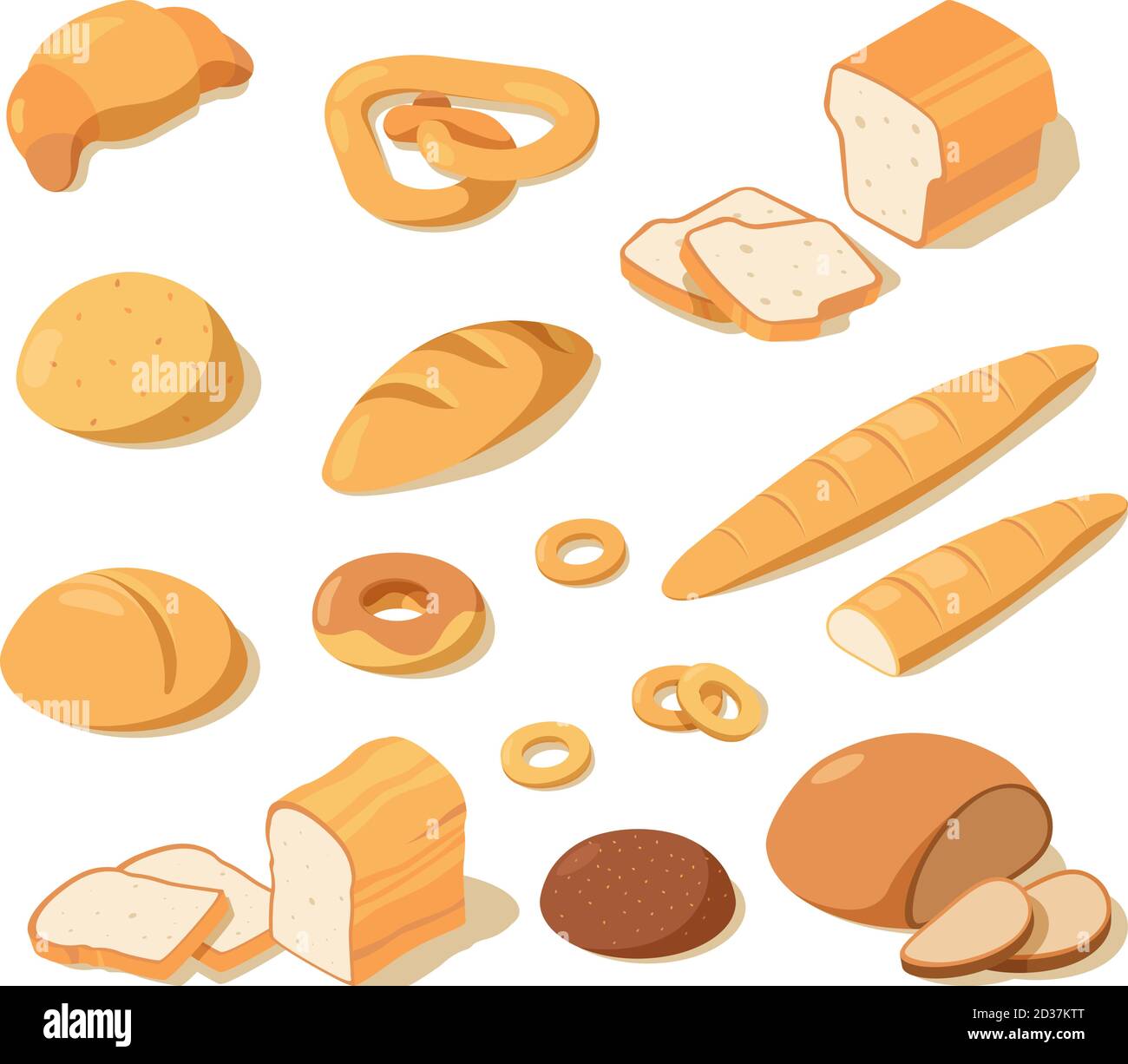 Cottura del pane. Panificio cibo pasticceria fresca pane bianco e nero delizioso pretzel pane vettore immagini isometriche Illustrazione Vettoriale