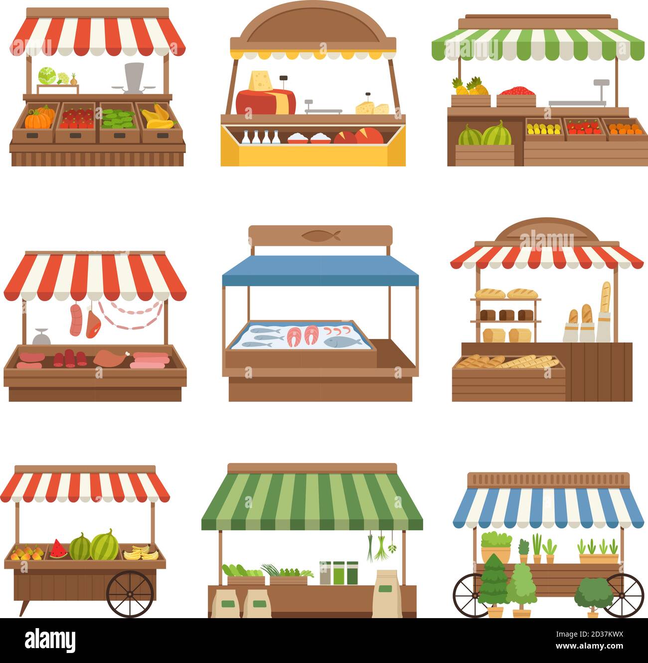 Mercato locale. Negozio all'aperto locali freschi alimenti agricoli verdure frutta latte e carne proprietari illustrazioni vettoriali Illustrazione Vettoriale