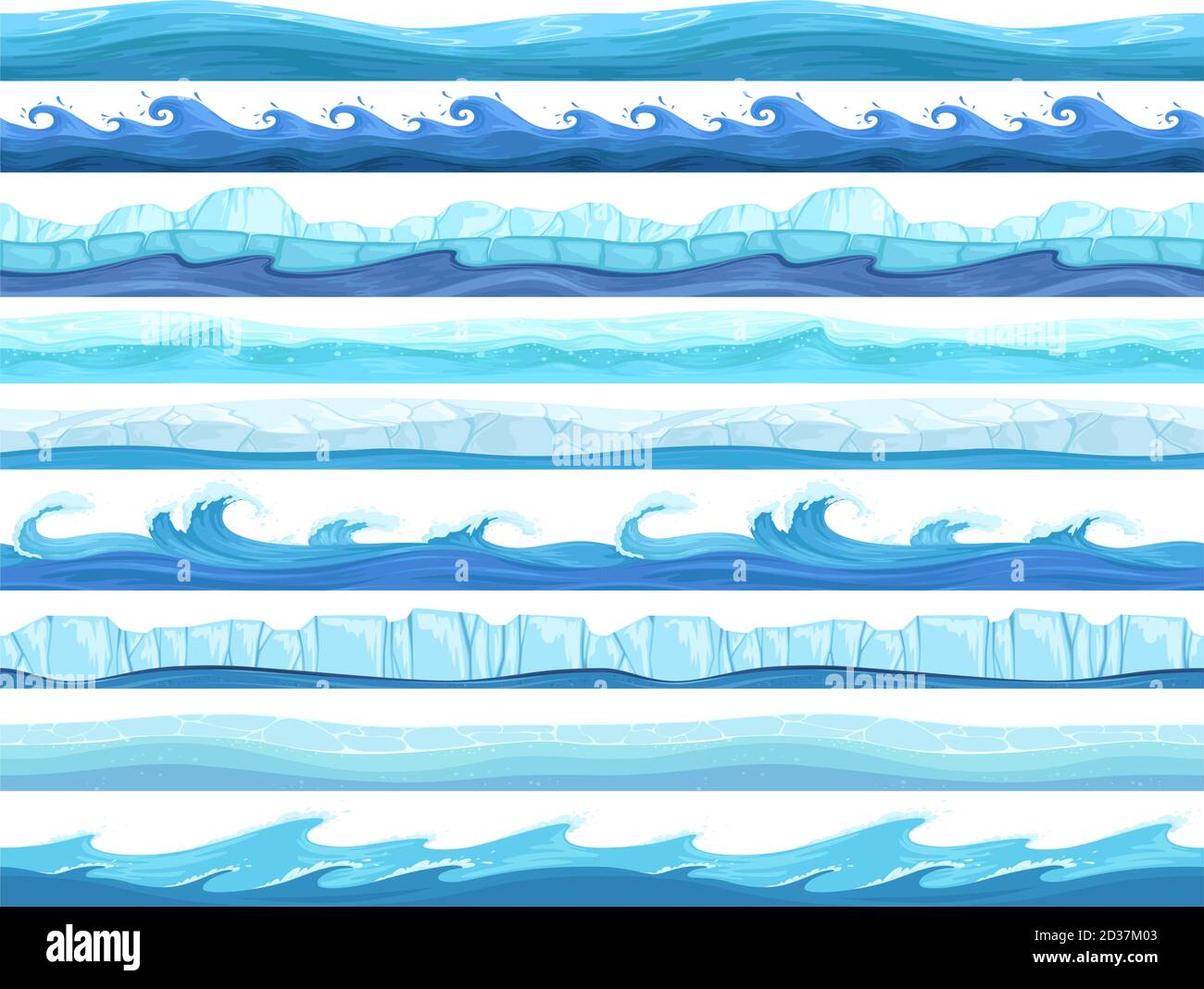 Giochi d'acqua senza soluzione di continuità. Ice Ocean Sea o River Layers Parallax ready Surface Vector ui Collection per i giochi Illustrazione Vettoriale