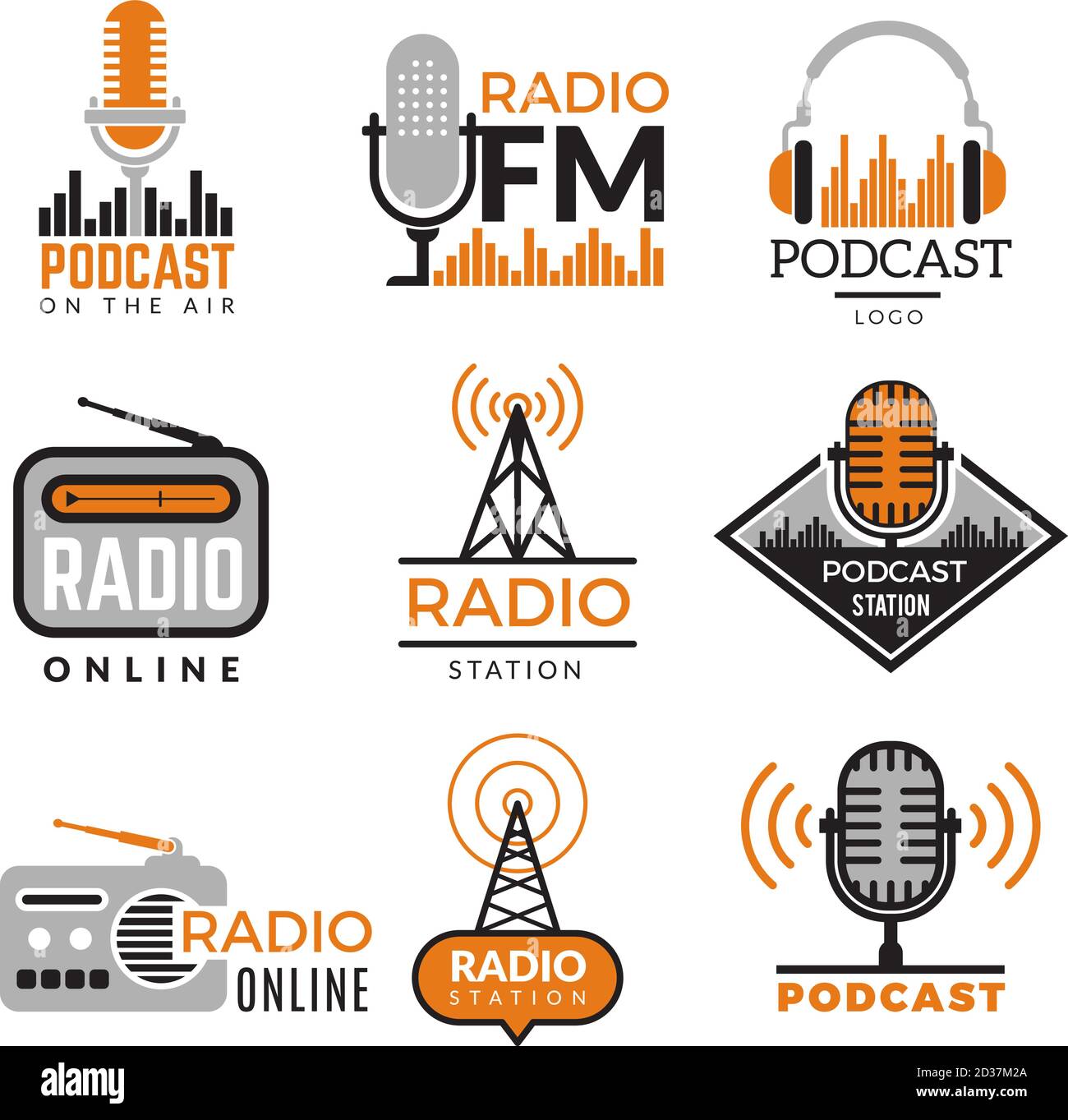 Logo della radio. Podcast torri wireless badge stazioni radio simboli raccolta vettoriale Illustrazione Vettoriale