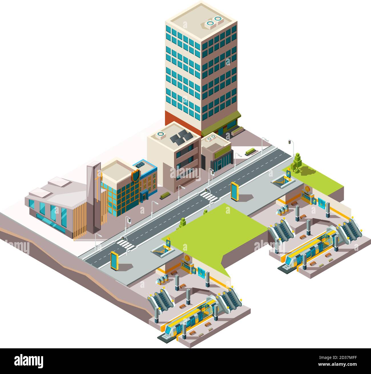 Metropolitana. Infrastrutture paesaggistiche urbane con edifici e sezione trasversale metropolitana vettore basso poliisometrico Illustrazione Vettoriale