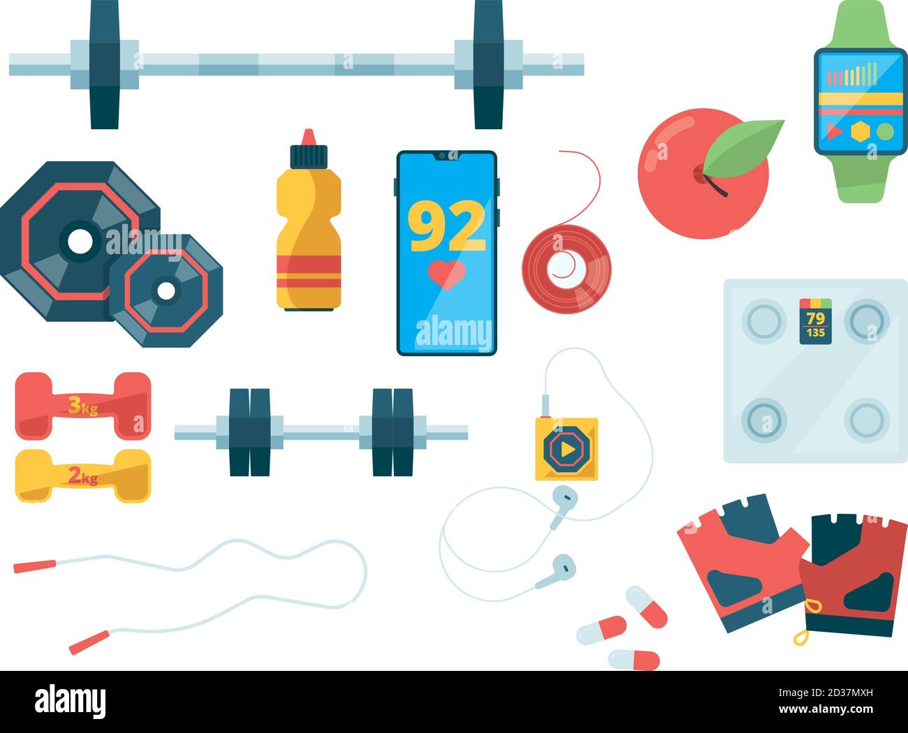 Fitness vista dall'alto. Attrezzature sportive per allenare abiti da palestra manubri scale vettoriali immagini piatte Illustrazione Vettoriale