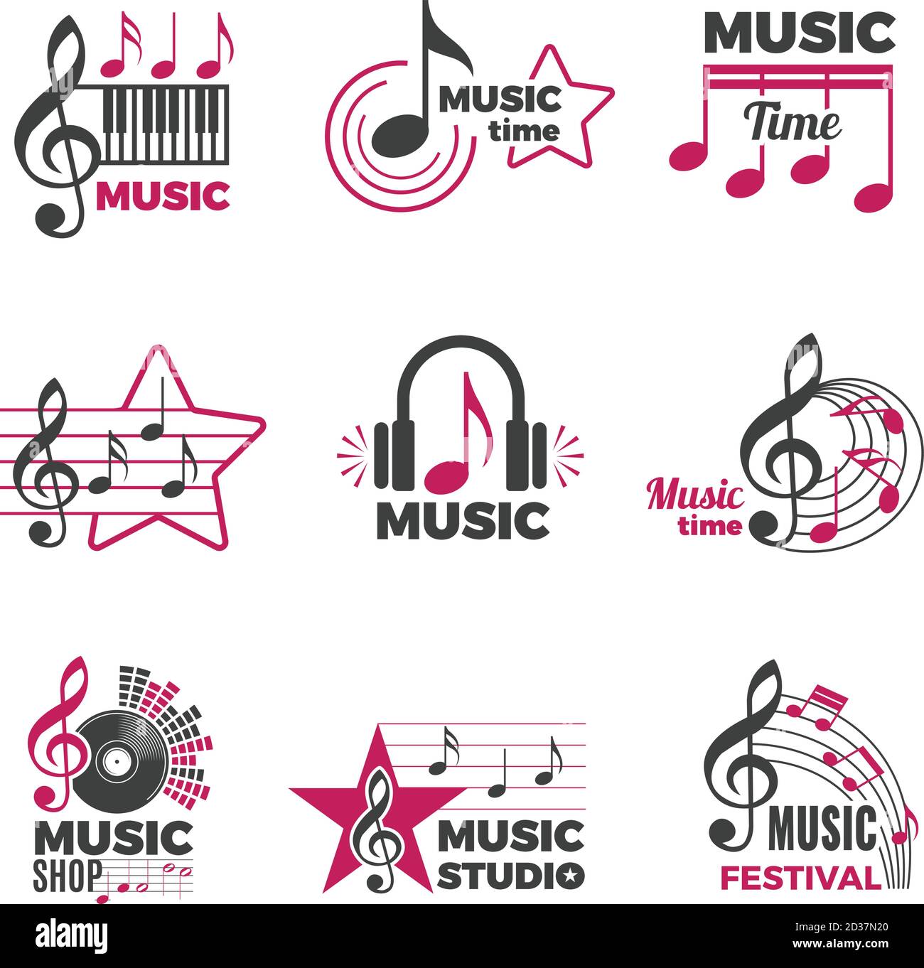 Logo note musicali. Badge con simboli sonori e sonori audio podcast radio loghi collezione vettoriale Illustrazione Vettoriale