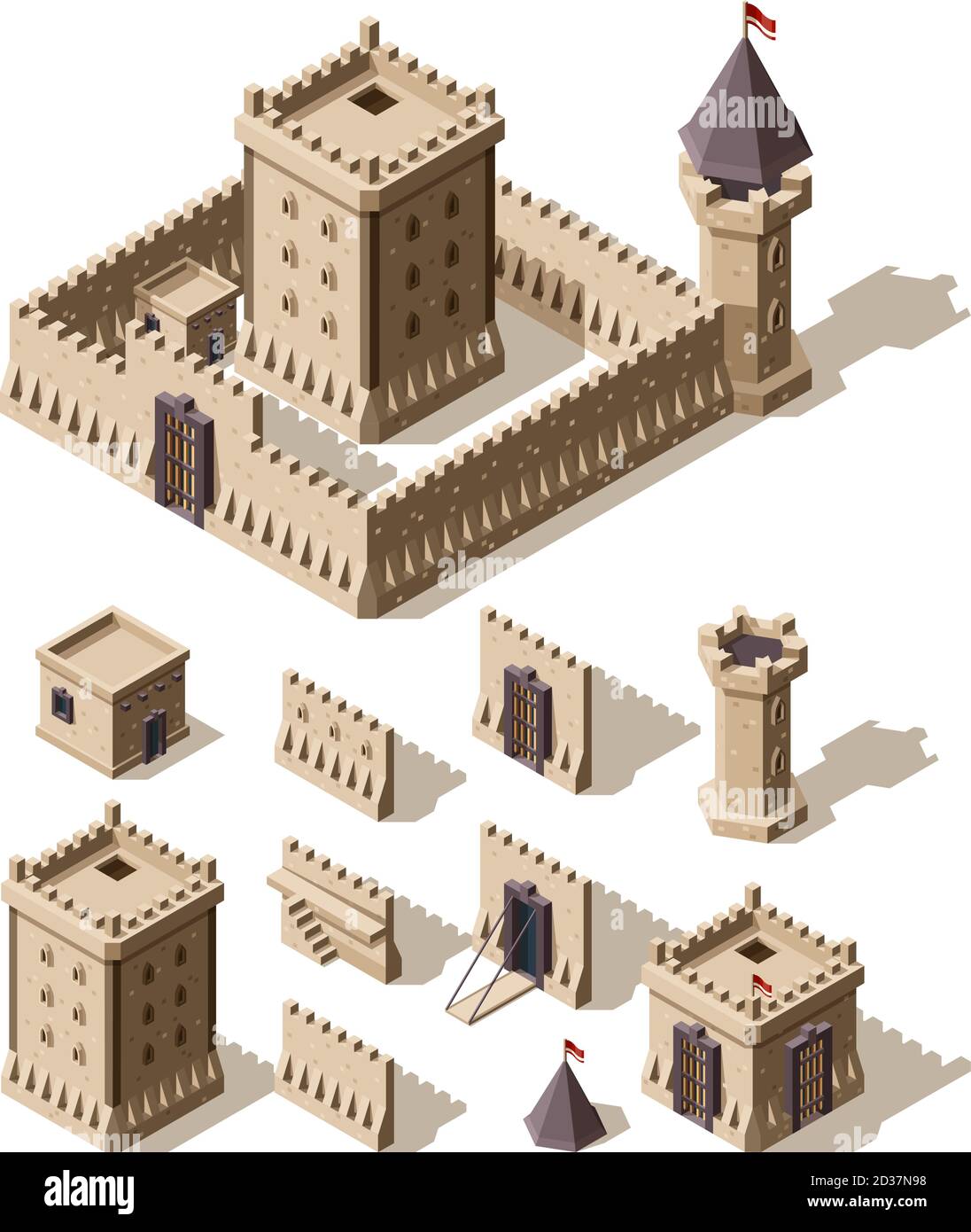 Castelli isometrici. Kit di creazione di edifici medievali mura porte torri di antichi castelli patrimonio architettonico vettoriale per i giochi Illustrazione Vettoriale