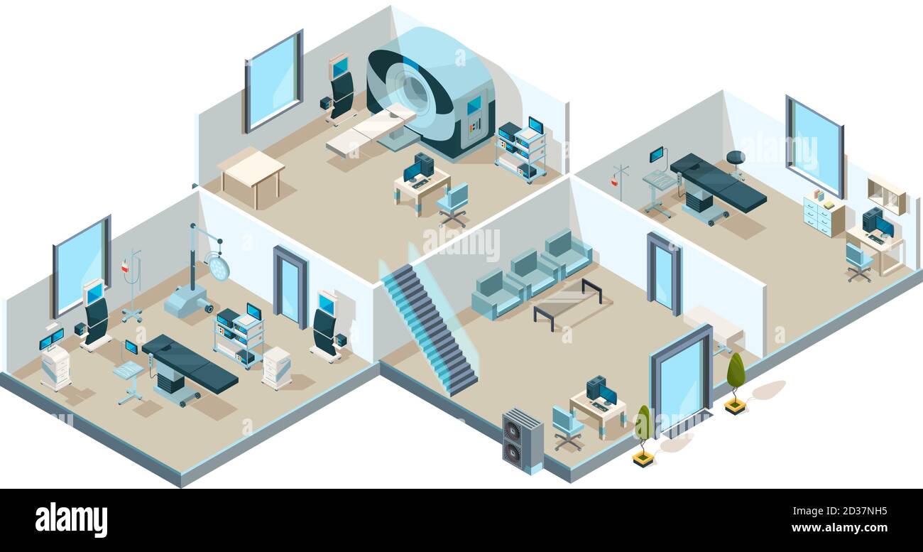 Interno della clinica. Pazienti ospedalieri sale mediche con attrezzature laboratorio creativo vettore basso immagine poliisometrica Illustrazione Vettoriale
