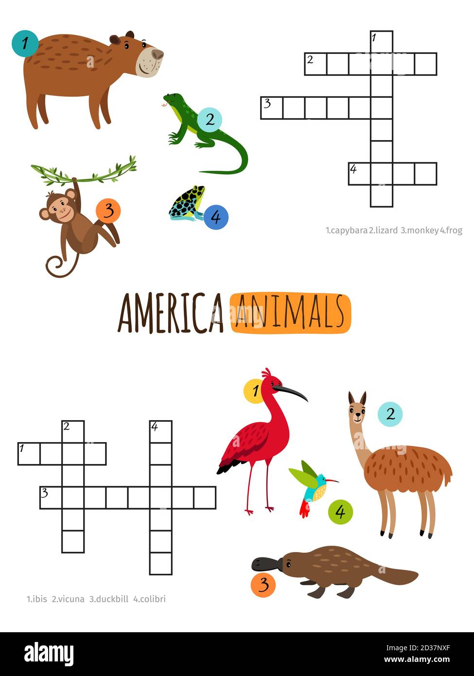 America animali mini crosswords per bambini di età prescolare illustrazione vettoriale. Illustrazione di rana e liana di animali di crossword, platypus e hummingbird Illustrazione Vettoriale