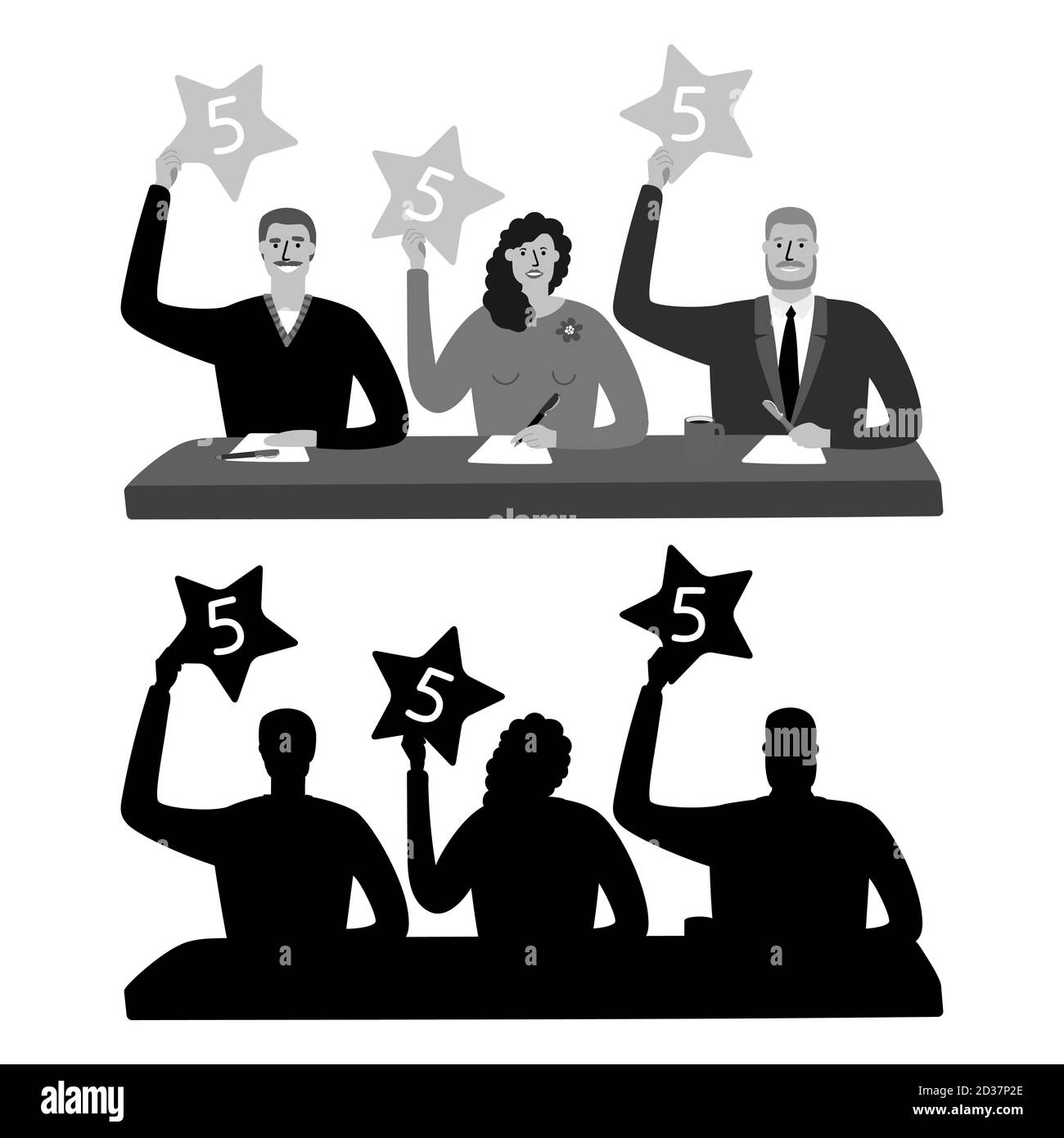 Illustrazione vettoriale della giuria. Le immagini monocromatiche e le sagome della giuria sono isolate su sfondo bianco Illustrazione Vettoriale