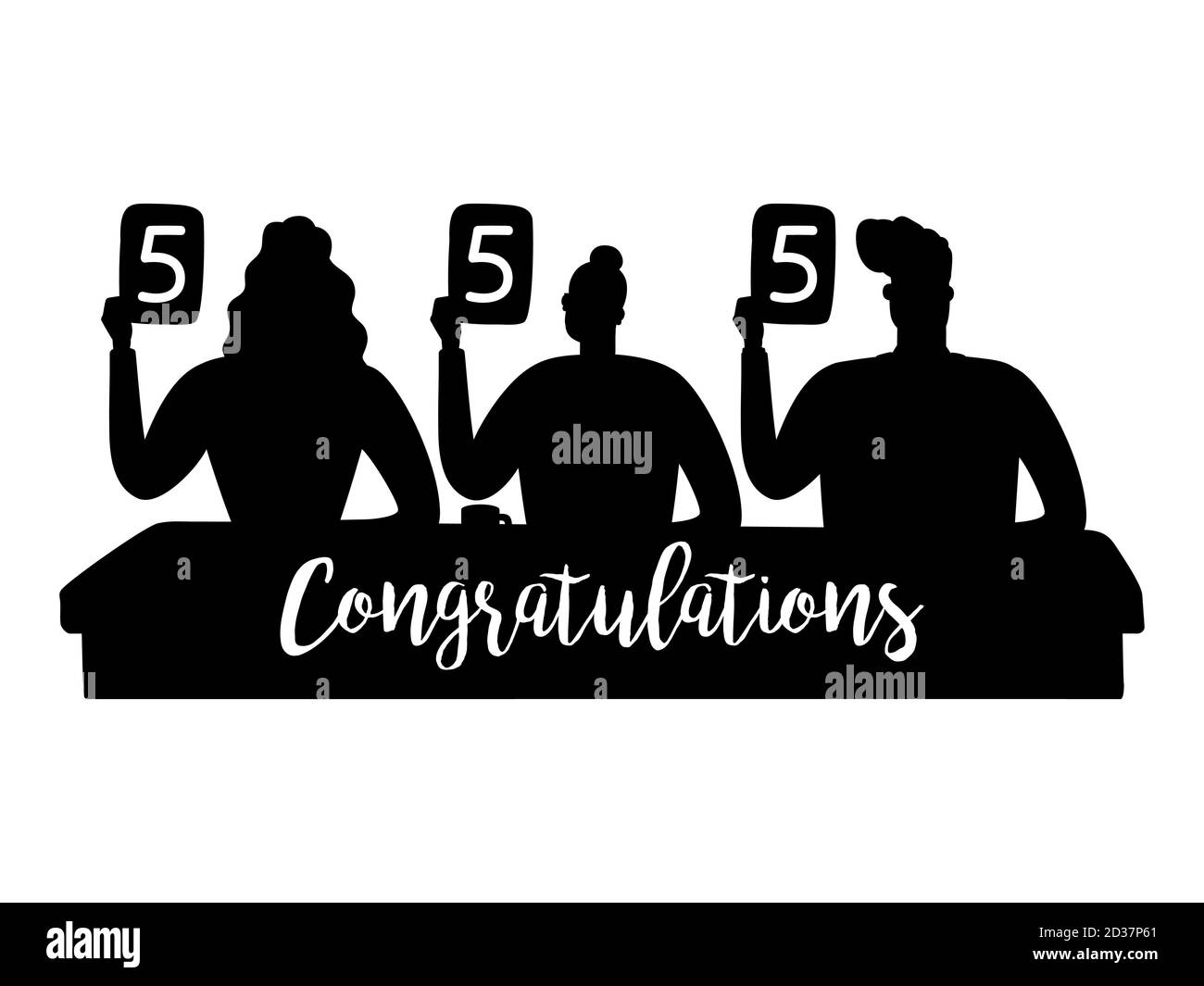 Le sagome della giuria vettoriale hanno mostrato i punteggi più alti. Giudicare la silhouette e firmare Complimenti. Concorso di giuria, giudice che detiene il punteggio Illustrazione Vettoriale