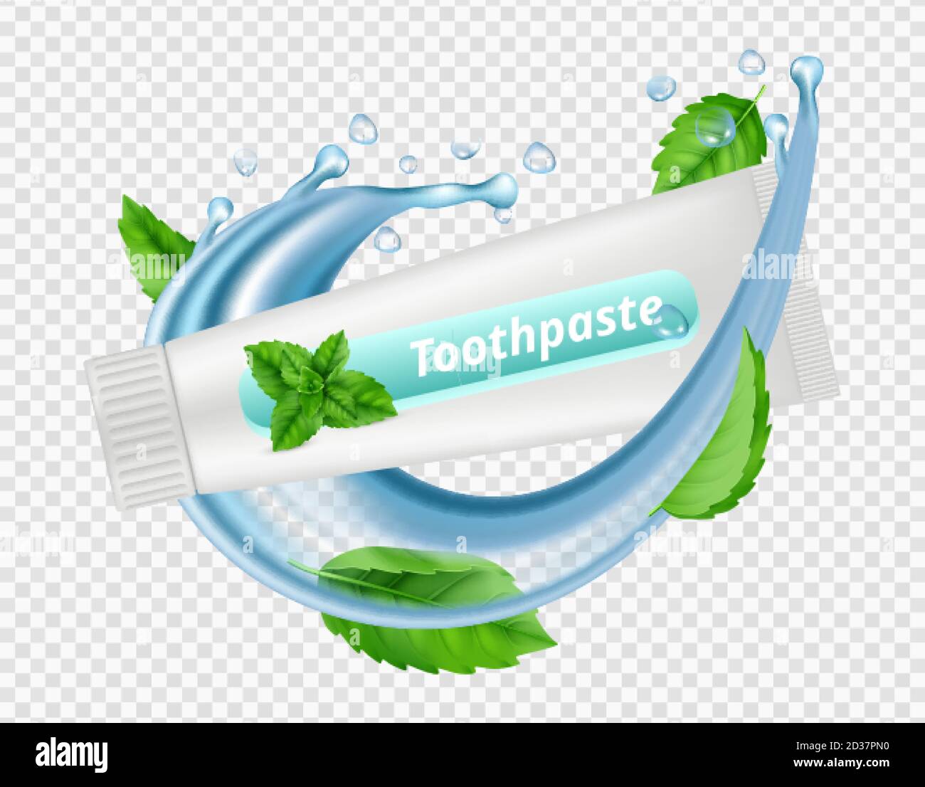 Dentifricio alla menta. Spruzzi d'acqua, foglie di menta, tubo di dentifricio isolato su sfondo trasparente. Illustrazione del vectot dentale Illustrazione Vettoriale