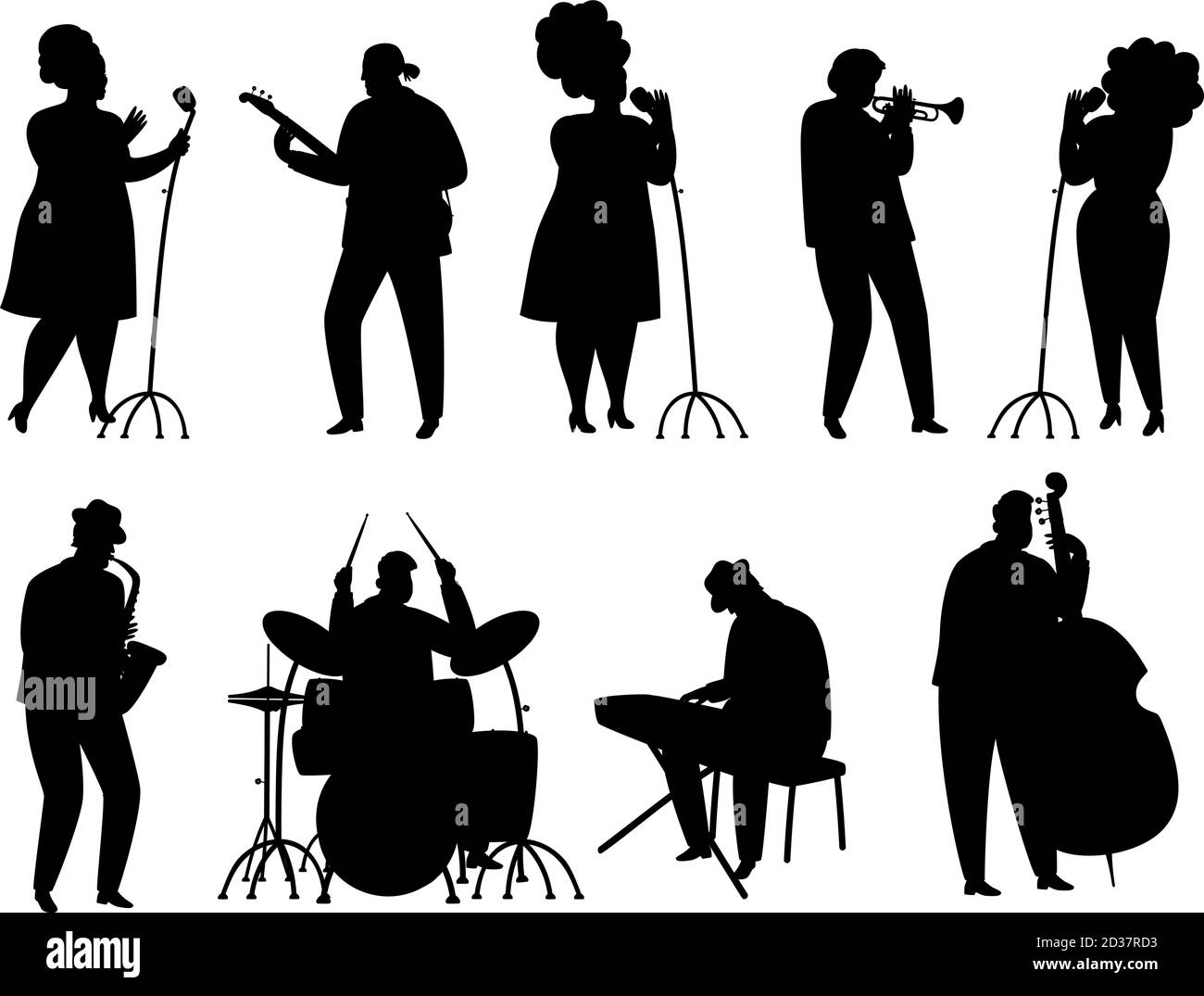 Musicisti jazz di silhouette nera, cantante e batterista, pianista e sassofonista. Illustrazione di musical, chitarrista e tamburo Illustrazione Vettoriale