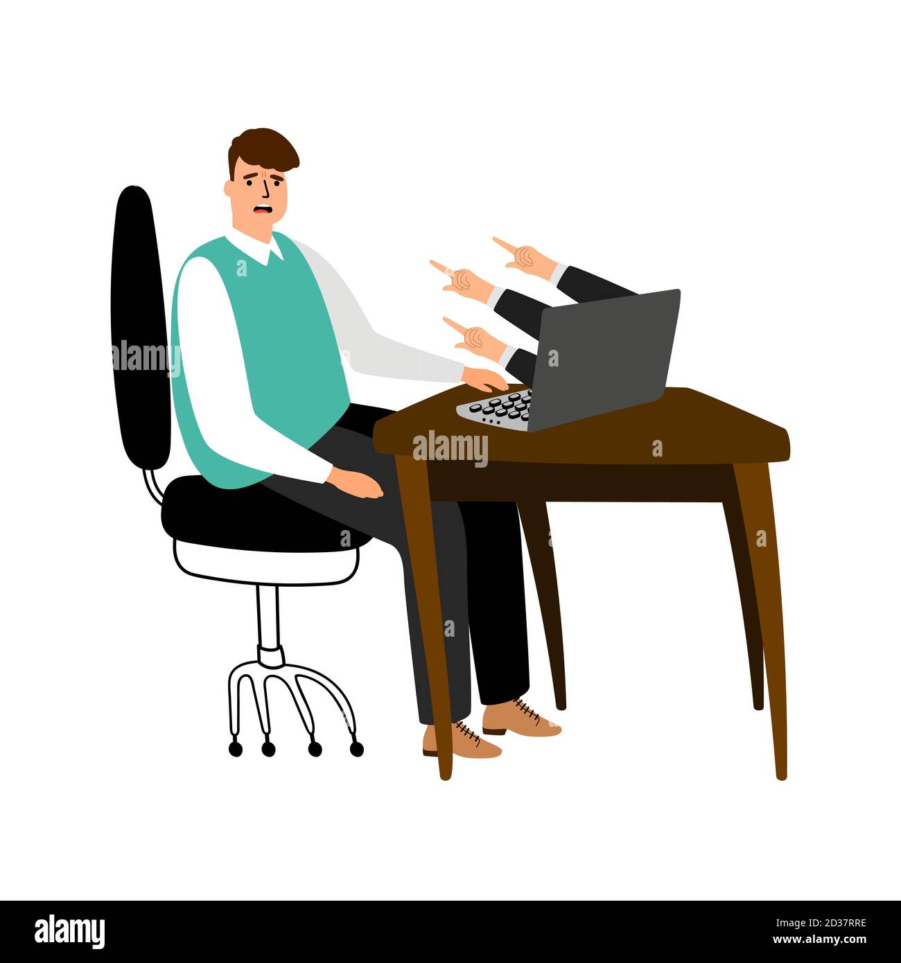 Internet bullismo vettore concetto. Uomo d'affari frustrato sul posto d'ufficio. La vittima è stata attaccata, illustrazione cyberbullismo Illustrazione Vettoriale