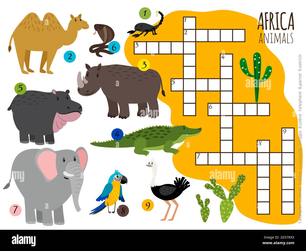 Animali africani modello di crossword su sfondo bianco, illustrazione vettoriale Illustrazione Vettoriale