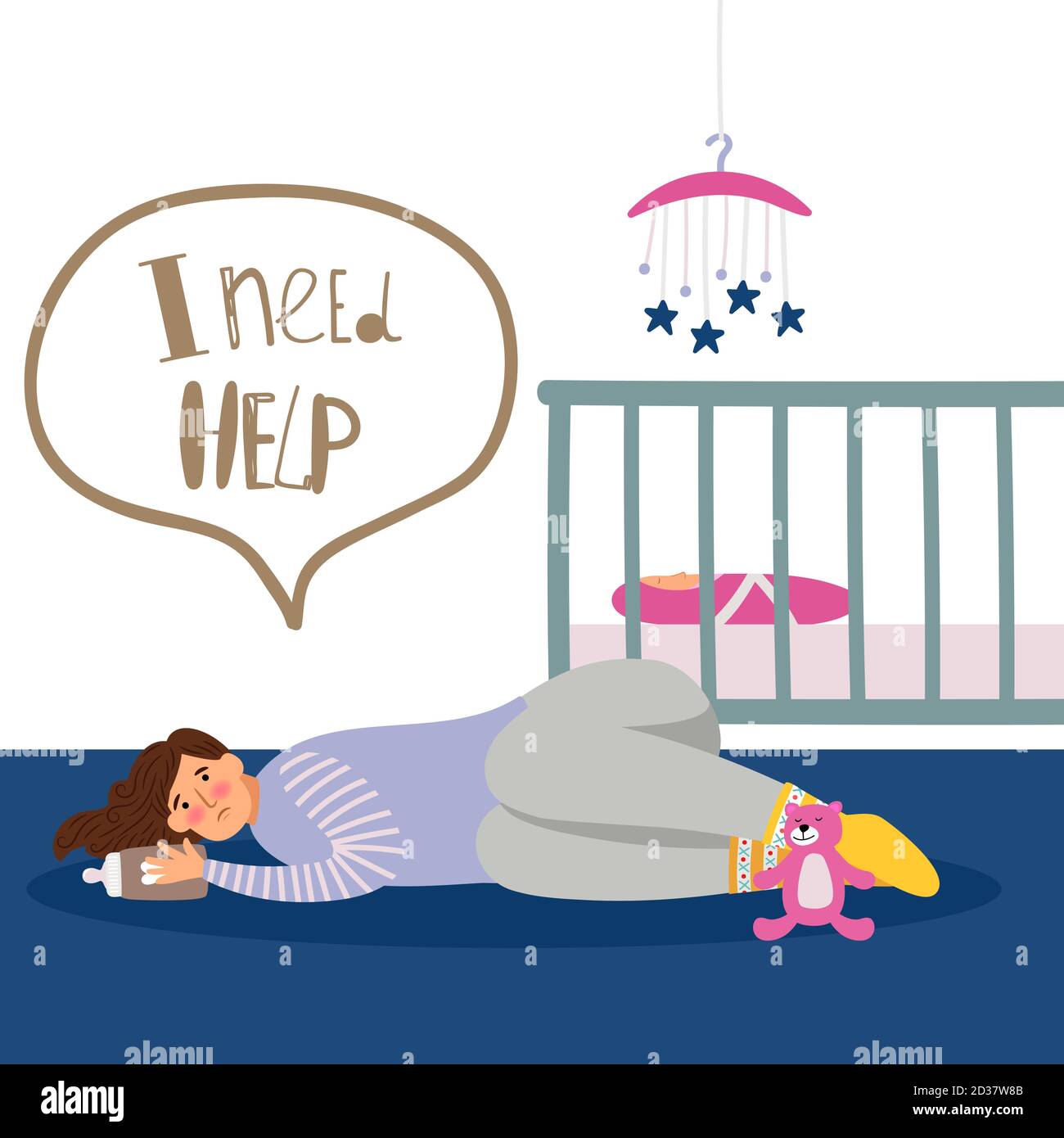 Depressione postpartum o postnatale. Vettore donna stanca e illustrazione neonato Illustrazione Vettoriale