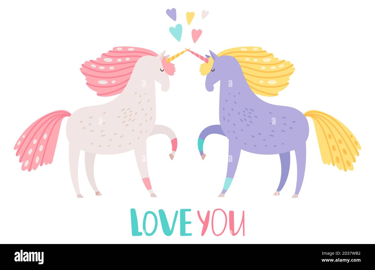 Simpatico unicorni cartoon in amore illustrazione vettoriale. Unicorno cavallo magico, fiaba animale cornuto Illustrazione Vettoriale