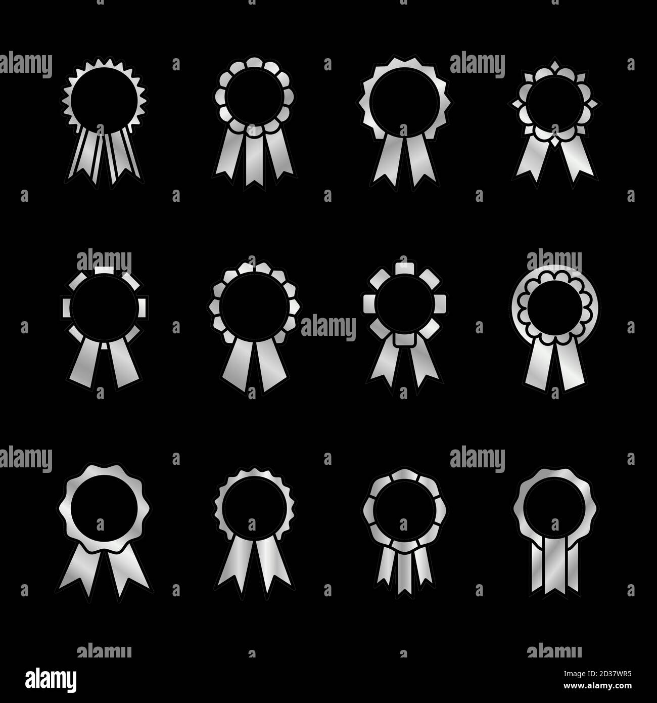 Premi d'argento con la collezione di icone vettoriali nastri su sfondo nero Illustrazione Vettoriale