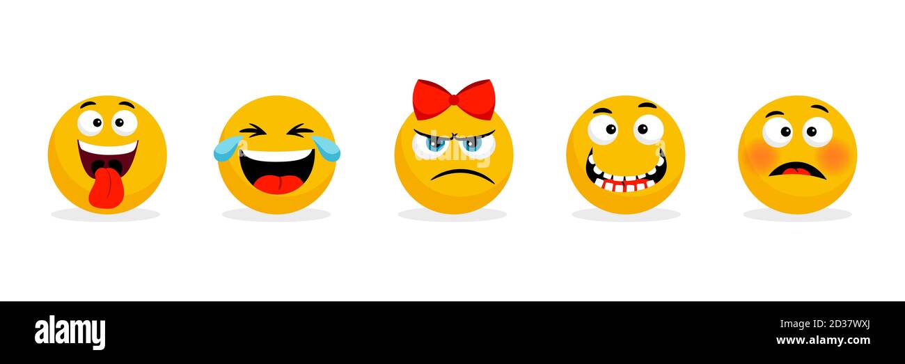 Faccine gialle. Cartoon vettoriale divertenti smileys volti, fumetti emojis. Illustrazione di emoticon smiley, divertente espressione del volto, emozione facciale Illustrazione Vettoriale