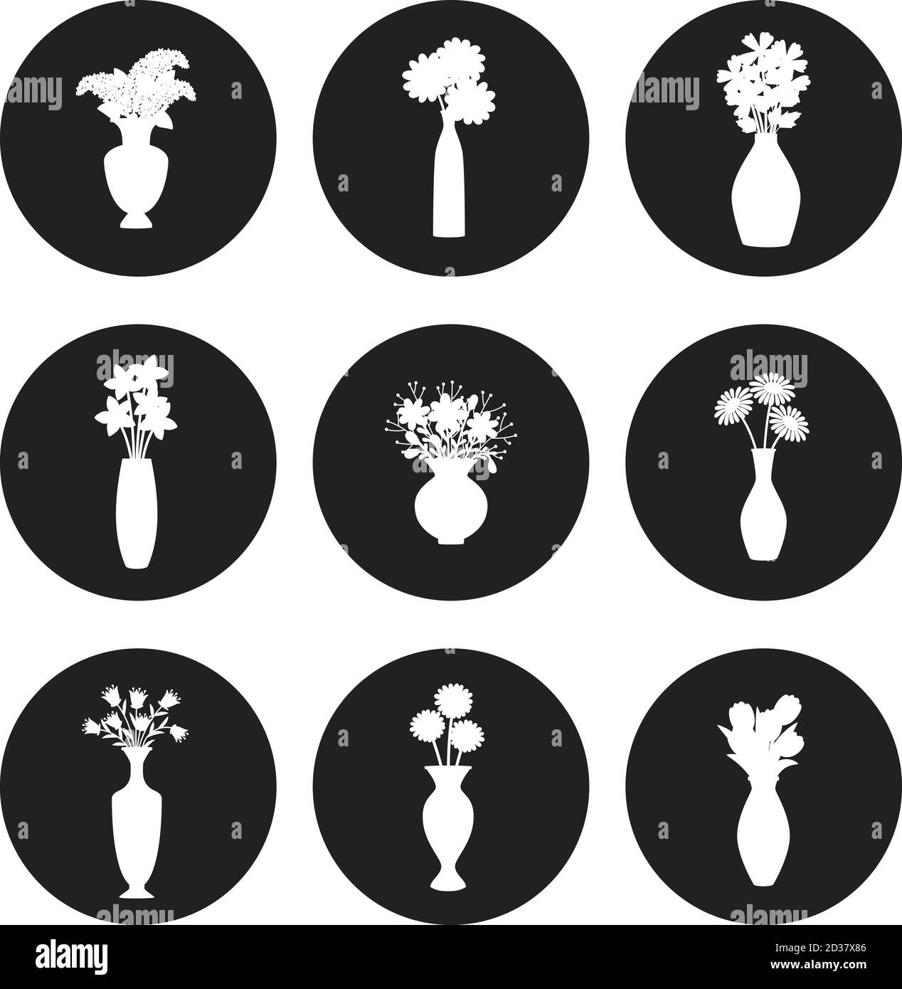 Silhouette di bouquet di fiori. Bouquet vettoriali di fiori in vasi icone decorazione Illustrazione Vettoriale