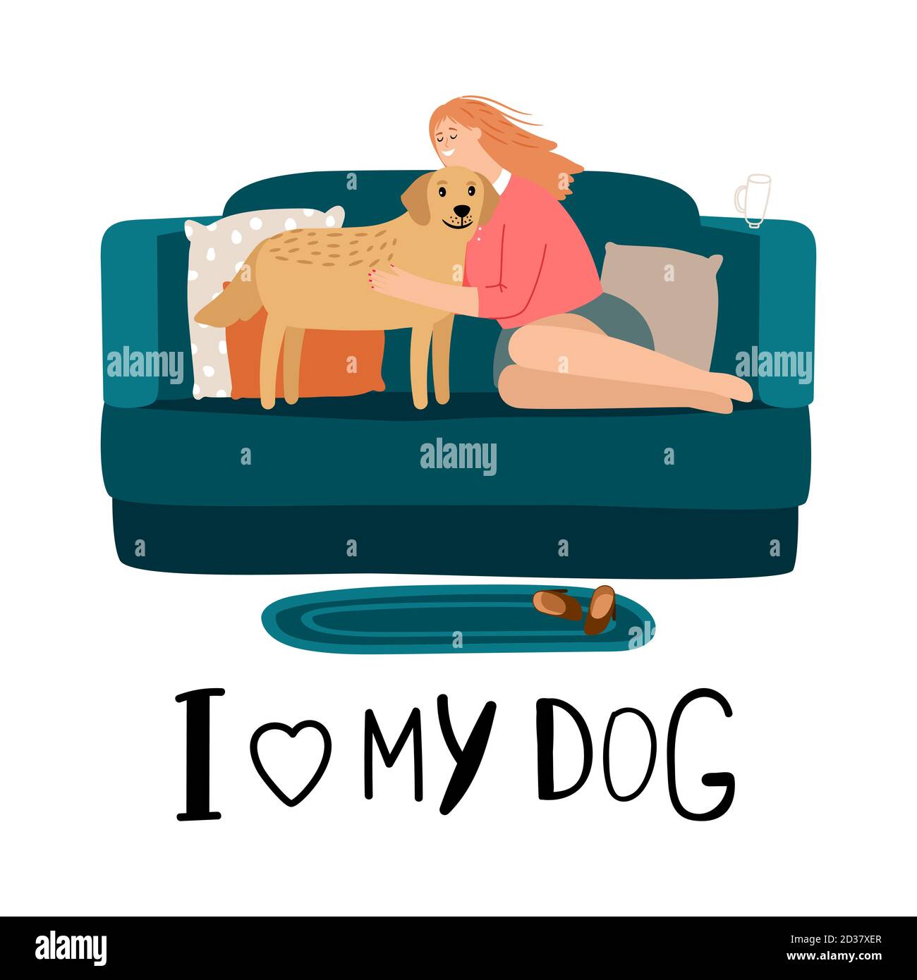Amo il mio concetto di vettore cane. Donna abbraccia la sua illustrazione del cane Illustrazione Vettoriale