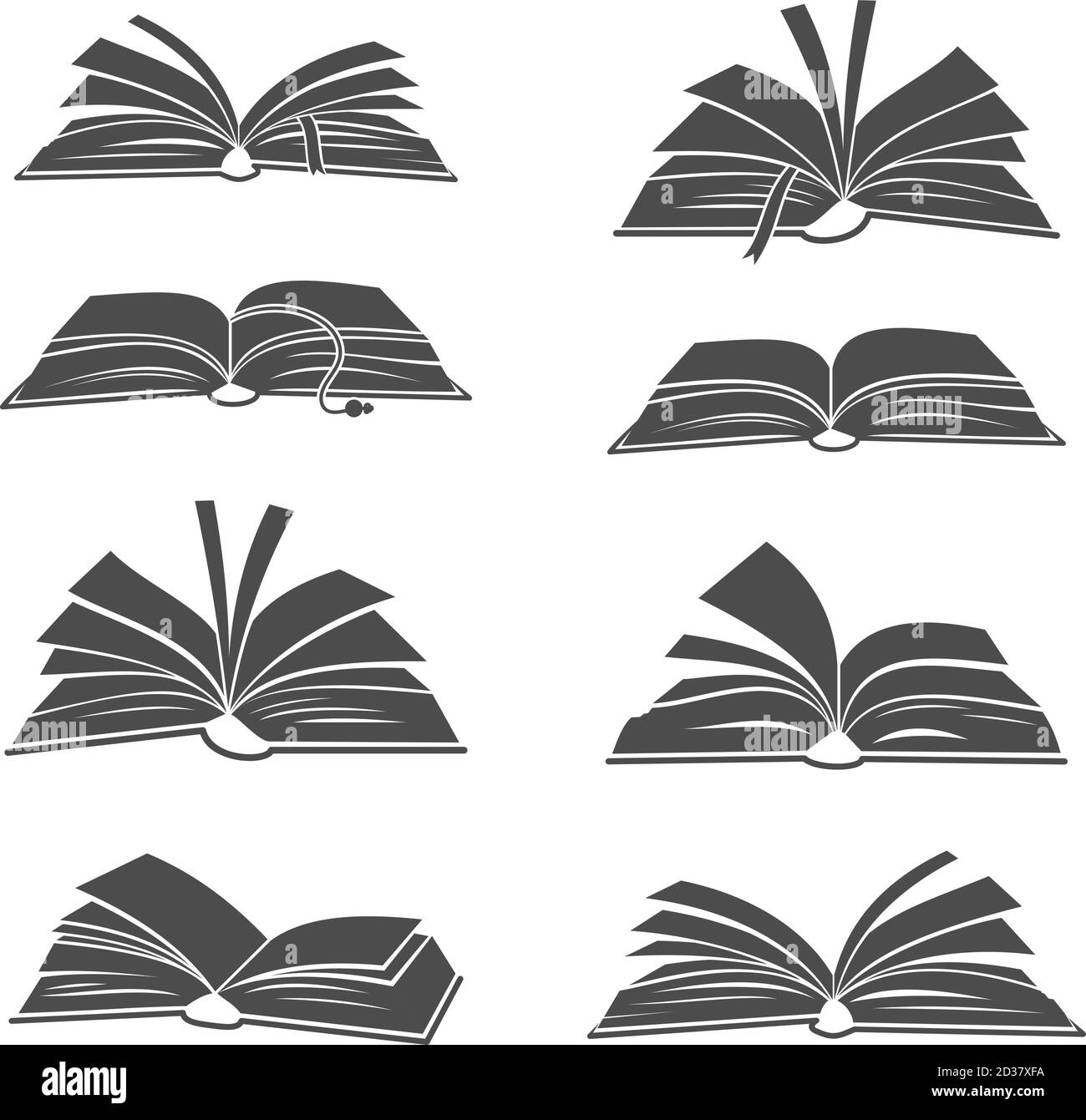 Mostra sagome nere. Icone di libri aperti vettoriali per la scienza, lo studio scolastico e la lettura di immagini Illustrazione Vettoriale