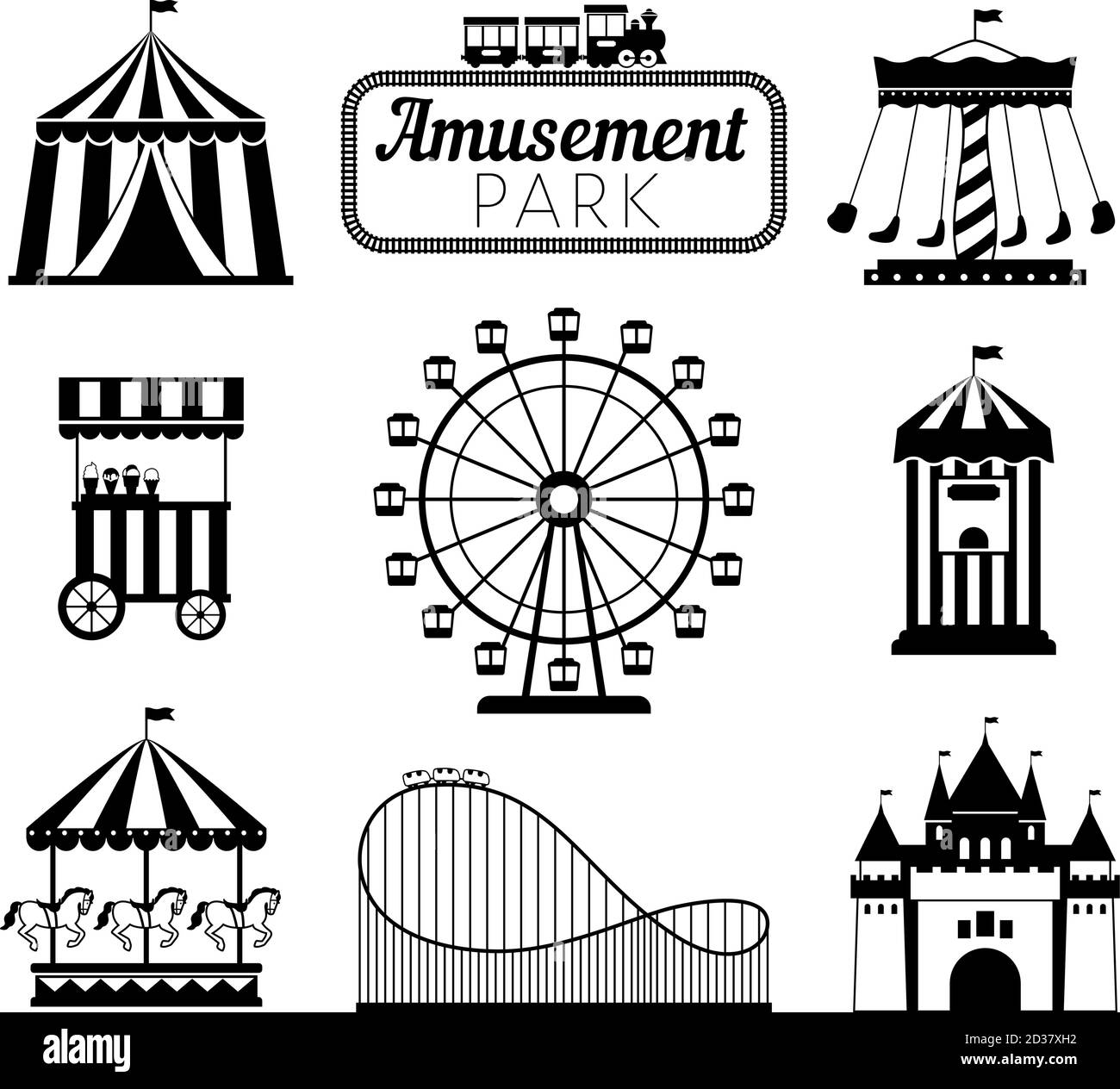 Icone nere del parco divertimenti. Simboli delle attrazioni ricreative, giostre, servizio di biglietti circus, montagne russe del treno dello skyline e simboli delle tende per il divertimento del festival Illustrazione Vettoriale