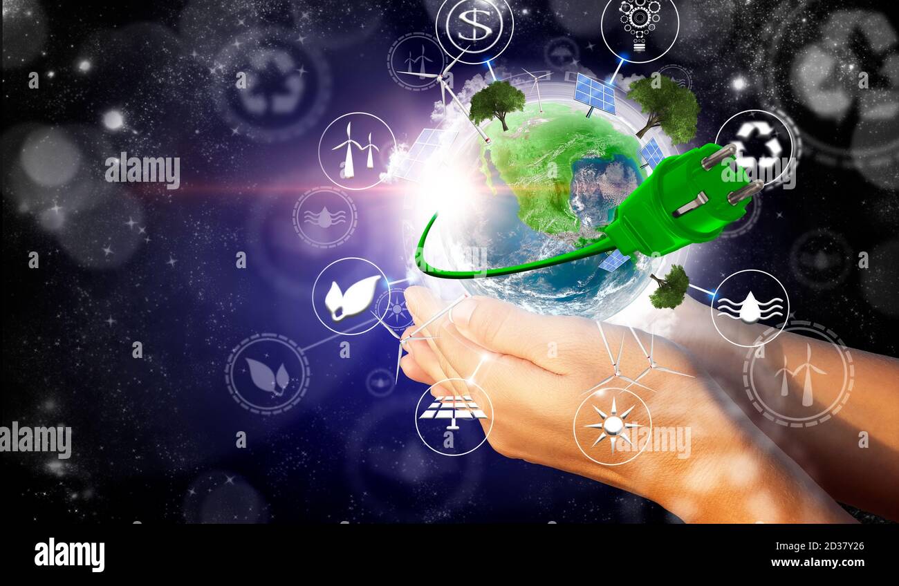 Le mani di una donna che tiene il pianeta verde Terra. Biodiversità ambientale nel concetto di ecosistema. Concetto di energie rinnovabili. Rendering 3D. Alcuni Elemen Foto Stock