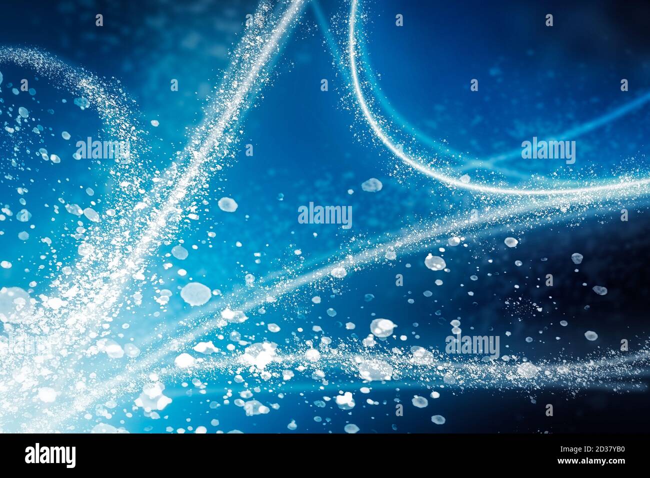 Fondo blu con particelle e molecole per la medicina. Concetto di scienza, medicina e ricerca Foto Stock