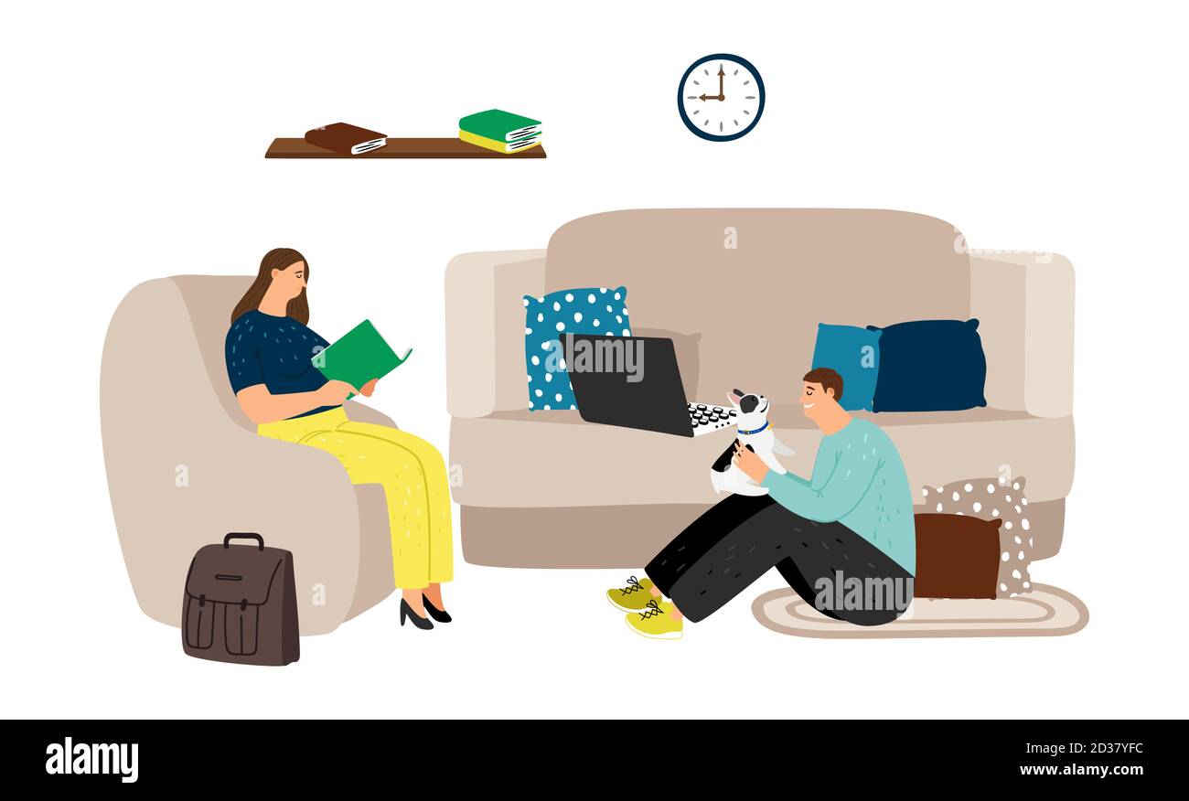 Sera. Serata familiare, illustrazione del vettore di hygge. Giovane coppia con cane e libri in soggiorno Illustrazione Vettoriale