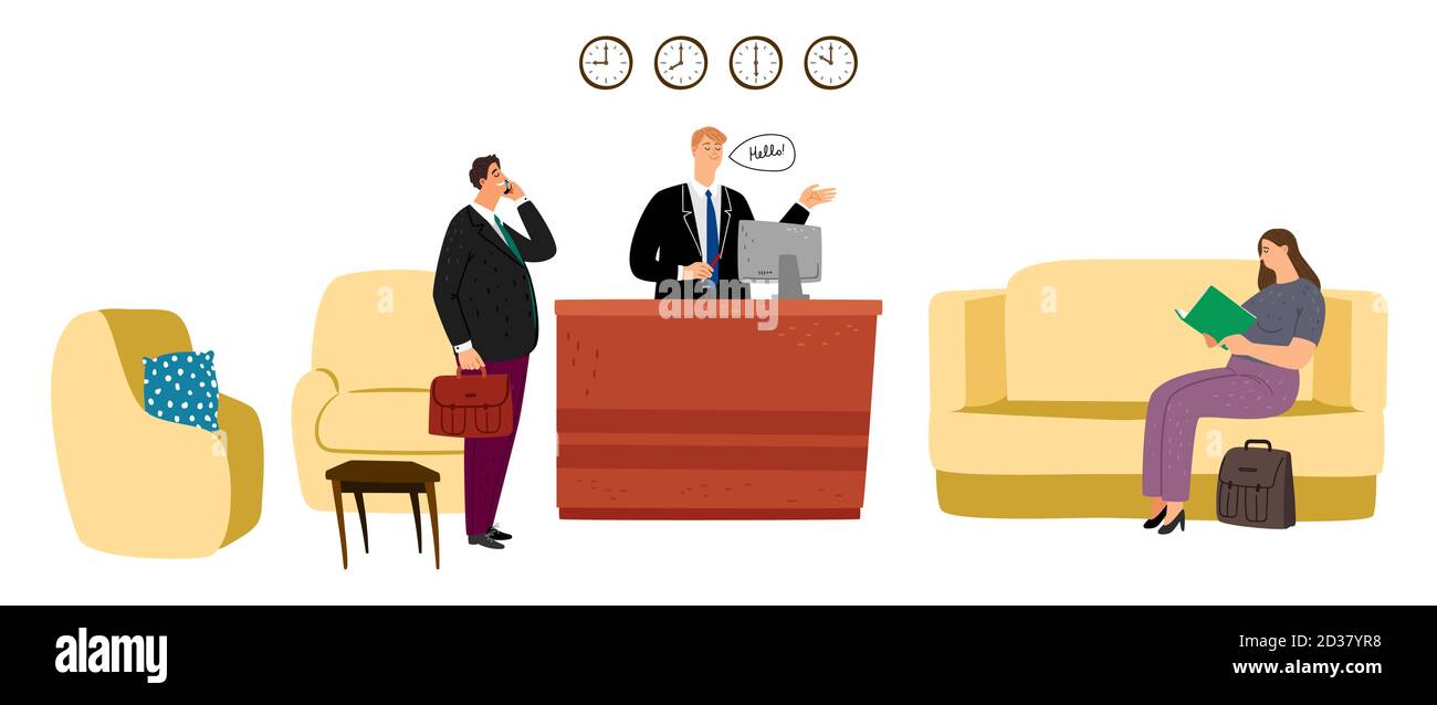 Reception dell'hotel. Ostello sala d'attesa interno. Banco informazioni dell'hotel Vector Illustrazione Vettoriale