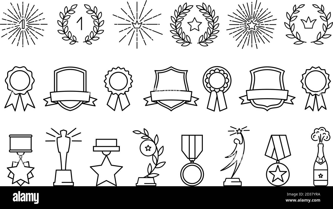 Segni di riconoscimento lineari. Icone vettoriali di outline award, linee raggiunte trofeo e corona d'alloro, premi Black line Cup e premi per i badge dei vincitori Illustrazione Vettoriale