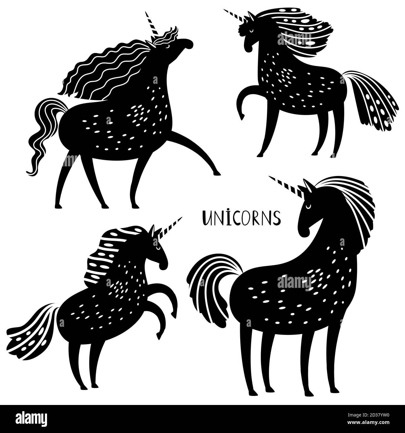 Sagome vettoriali unicorno nere. Unicorni in diverse pose immagini stencil isolato su bianco, leggenda mitico cavallo segni, vettore magico bellezza cavalli silhouette Illustrazione Vettoriale