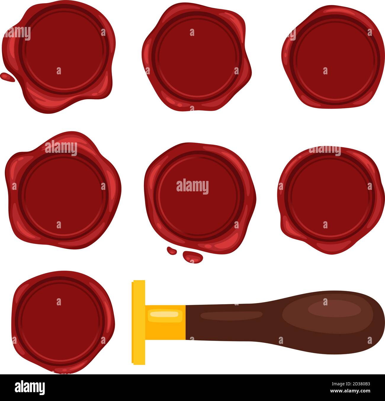 Le icone vettoriali vengono timbrate con cera. Set di francobolli decorativi a candela isolato su set di ceraletti postali con lettera dettagliata o raccolta di oggetti con marchio di riconoscimento e riconoscimento Illustrazione Vettoriale