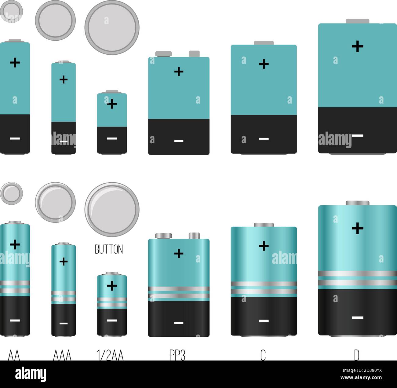 Illustrazione delle dimensioni della batteria. Dimensioni delle batterie  immagine vettoriale isolata, stili delle batterie, diversi oggetti  elettronici industriali della batteria, componenti elettrici chimici al  litio Immagine e Vettoriale - Alamy