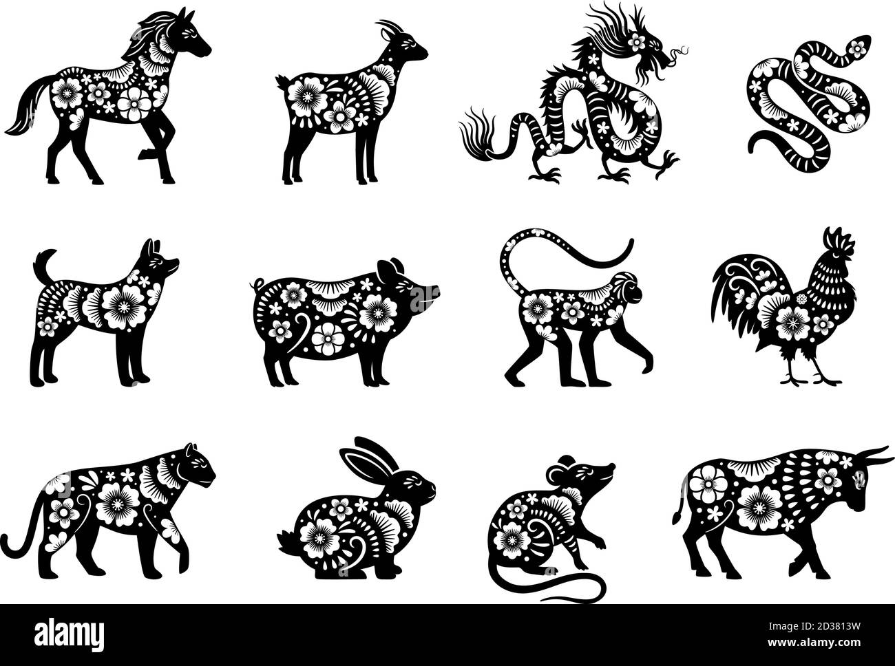 Oroscopo cinese tradizionale con fiori. Set di animali cinesi di nuovo anno, tigre e serpente, drago e vettore di maiale mascotte disegni con modelli di flora Illustrazione Vettoriale