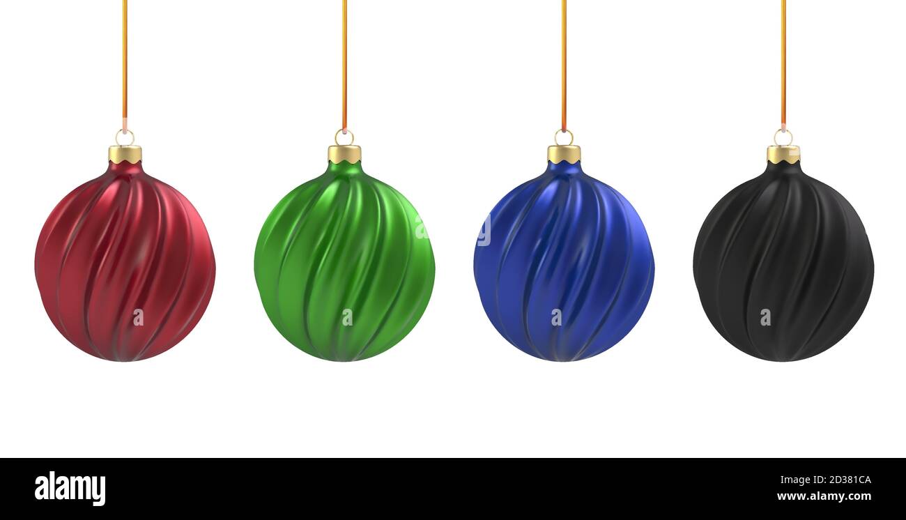 Palla di Natale in stile realistico su sfondo bianco. Spirale verticale nera, blu, rossa e verde. Illustrazione vettoriale. Illustrazione Vettoriale