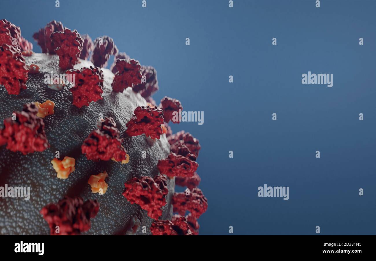 Particella del virus Corona (SARS-COV-2, Covid 19). Un modello 3d accurato e aggiornato basato su dati strutturali scientifici della banca dati proteici. Foto Stock