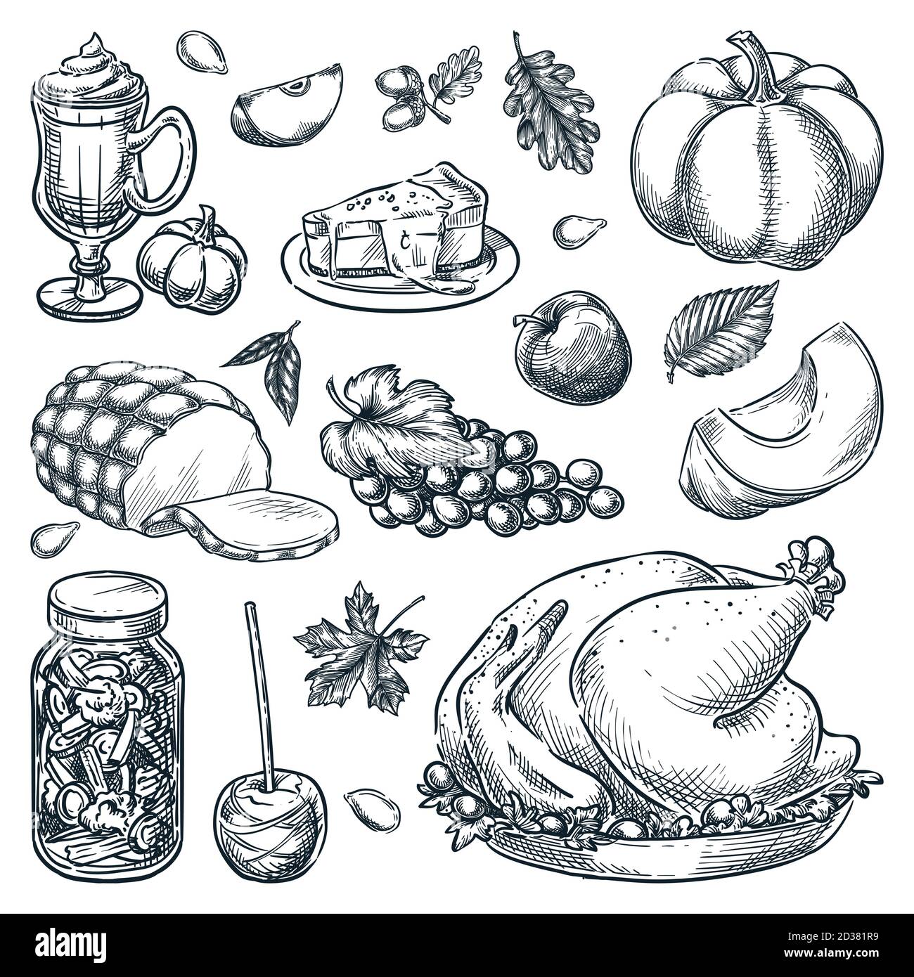 Elementi di disegno del menu di ringraziamento su sfondo bianco. Tradizionale pasto fatto in casa. tacchino arrosto, verdure sottaceto, mela caramello, zucca, Illustrazione Vettoriale