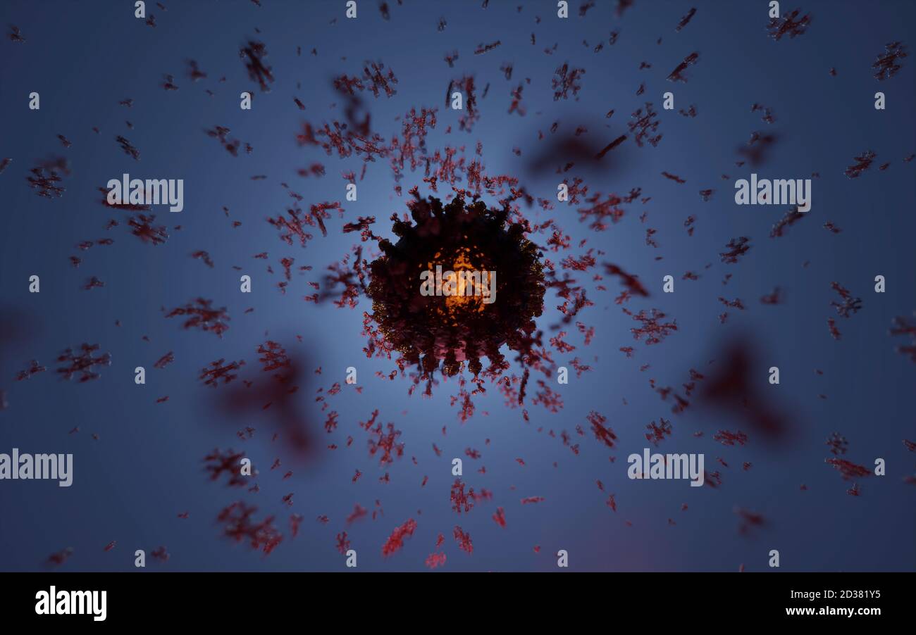 Gruppo di anticorpi umani (IgG e IgM) che attaccano un virus Corona (Covid 19). Un modello accurato basato sui dati strutturali scientifici del PDB. Foto Stock