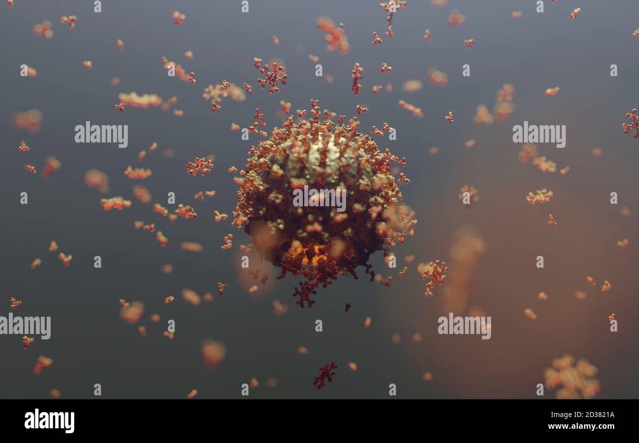 Gruppo di anticorpi umani (IgG e IgM) che attaccano un virus Corona (Covid 19). Un modello accurato basato sui dati strutturali scientifici del PDB. Foto Stock