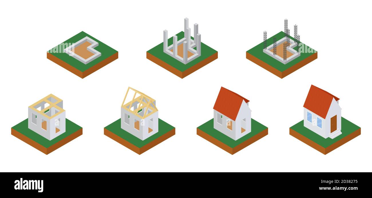 Le fasi di costruzione della casa icone isometriche impostano  l'illustrazione vettoriale. Tavole di costruzione isolate su bianco  Immagine e Vettoriale - Alamy